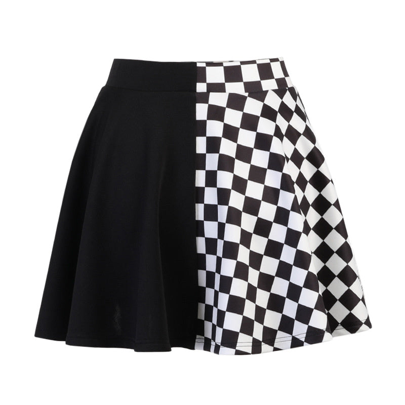 Chessboard Print Splicing Skirt, Gothic Ruched Punk Mini Skirt Without Belt, Women's Clothing