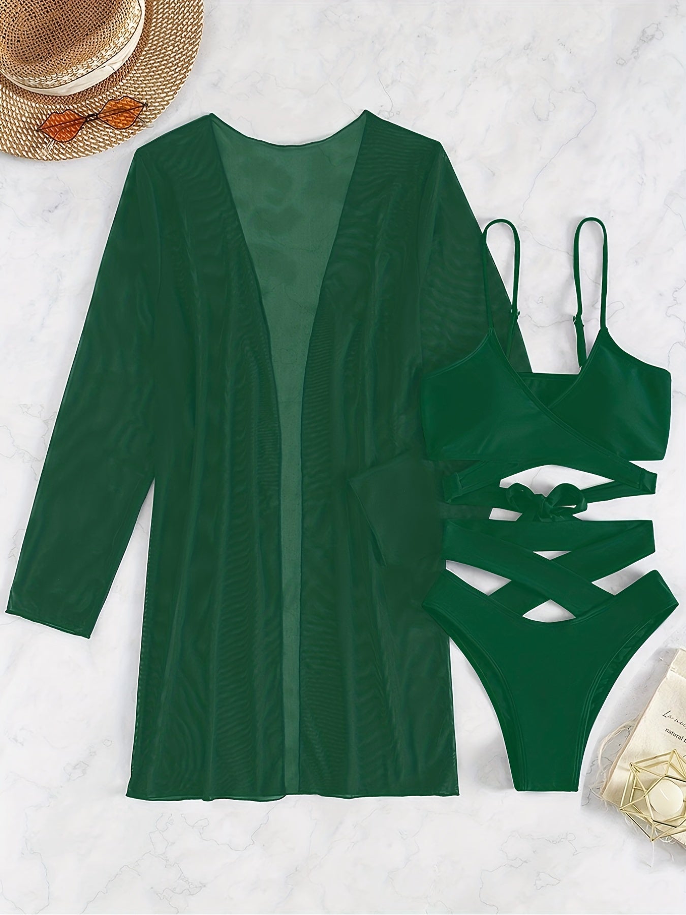 3-Pieces V Neck Bikini Sets, Criss Cross Strap High Cut With Cover Up Shirt Long Sleeves Bathing Suit
