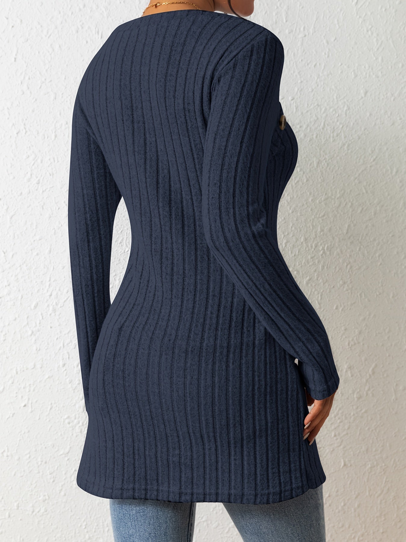 Chic Ribbed Long Sleeve Top with Unique Button Accent - Asymmetrical Hem - Perfect for Womens Spring & Fall Fashion