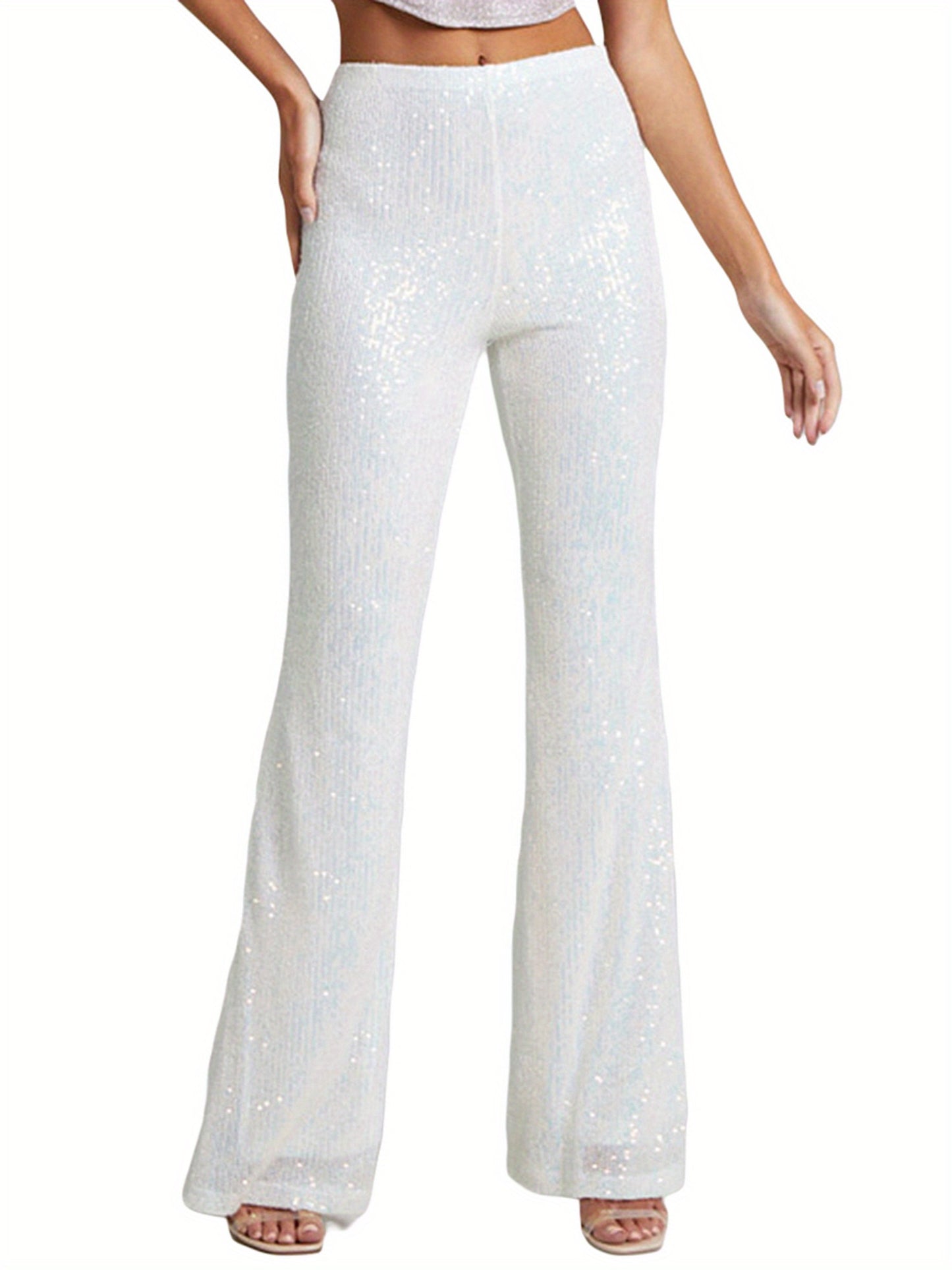 Womens Spring Autumn Slim Flared Pants High Waist Elastic Band Sequins Bell-bottom Pants