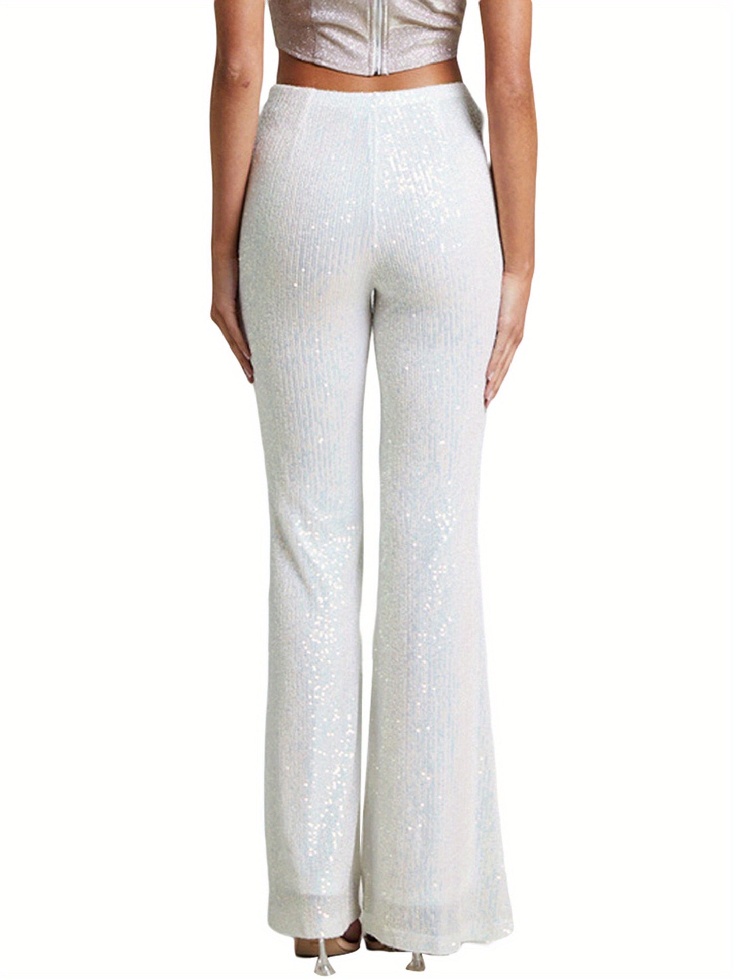 Womens Spring Autumn Slim Flared Pants High Waist Elastic Band Sequins Bell-bottom Pants