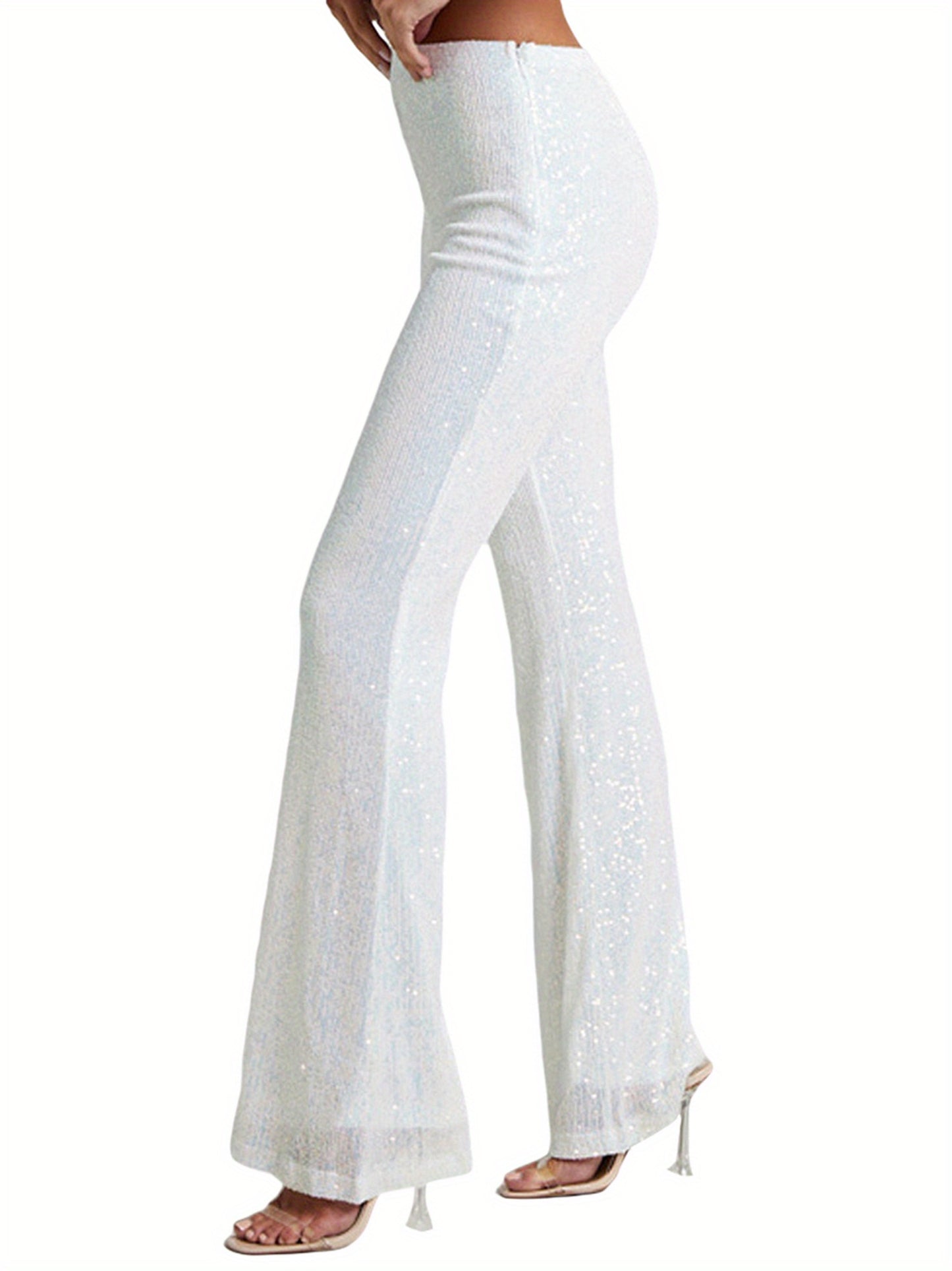 Womens Spring Autumn Slim Flared Pants High Waist Elastic Band Sequins Bell-bottom Pants