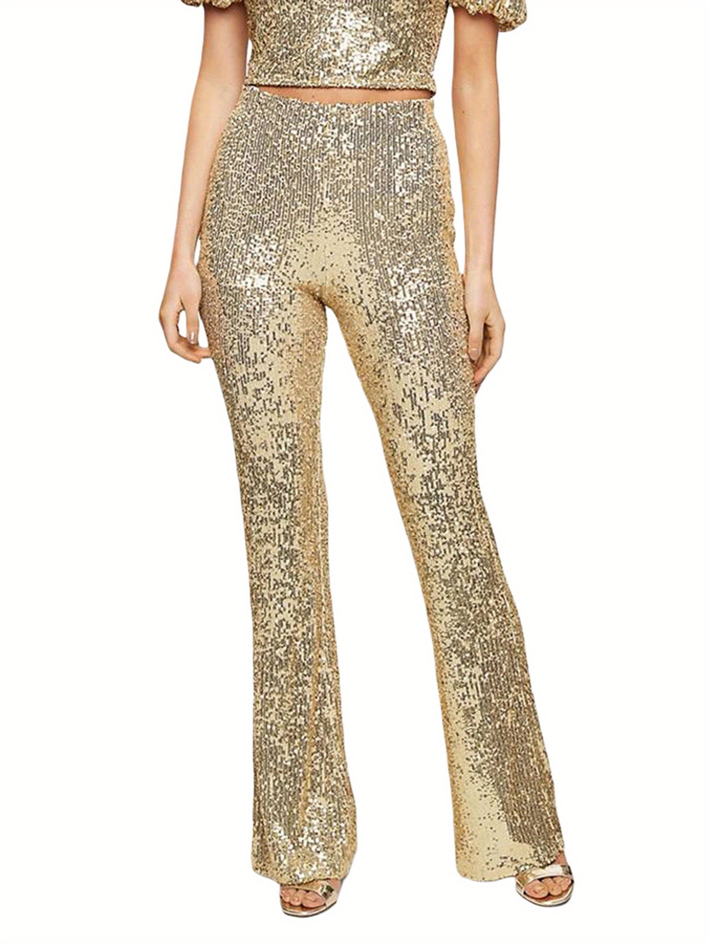Womens Spring Autumn Slim Flared Pants High Waist Elastic Band Sequins Bell-bottom Pants