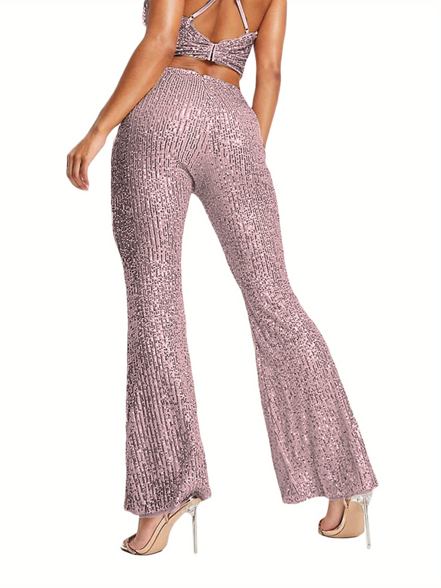 Womens Spring Autumn Slim Flared Pants High Waist Elastic Band Sequins Bell-bottom Pants