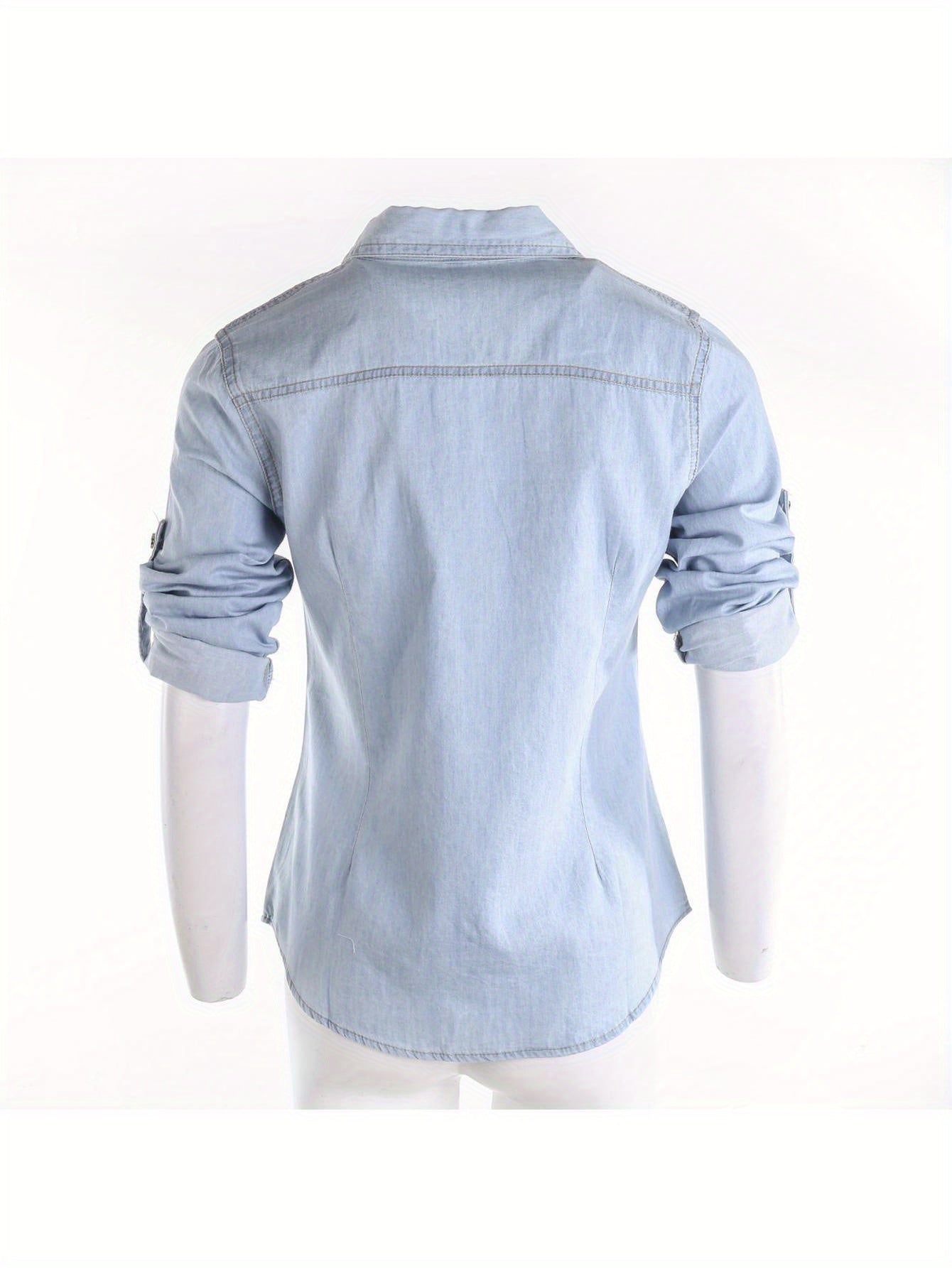 Women Retro Blue Denim Shirts Adjustable Long Sleeve