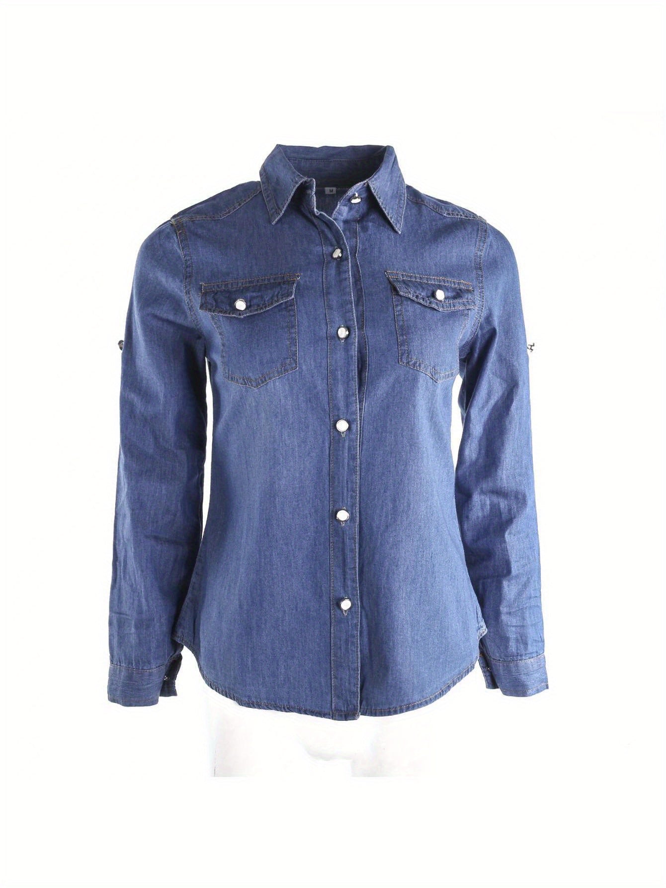 Women Retro Blue Denim Shirts Adjustable Long Sleeve