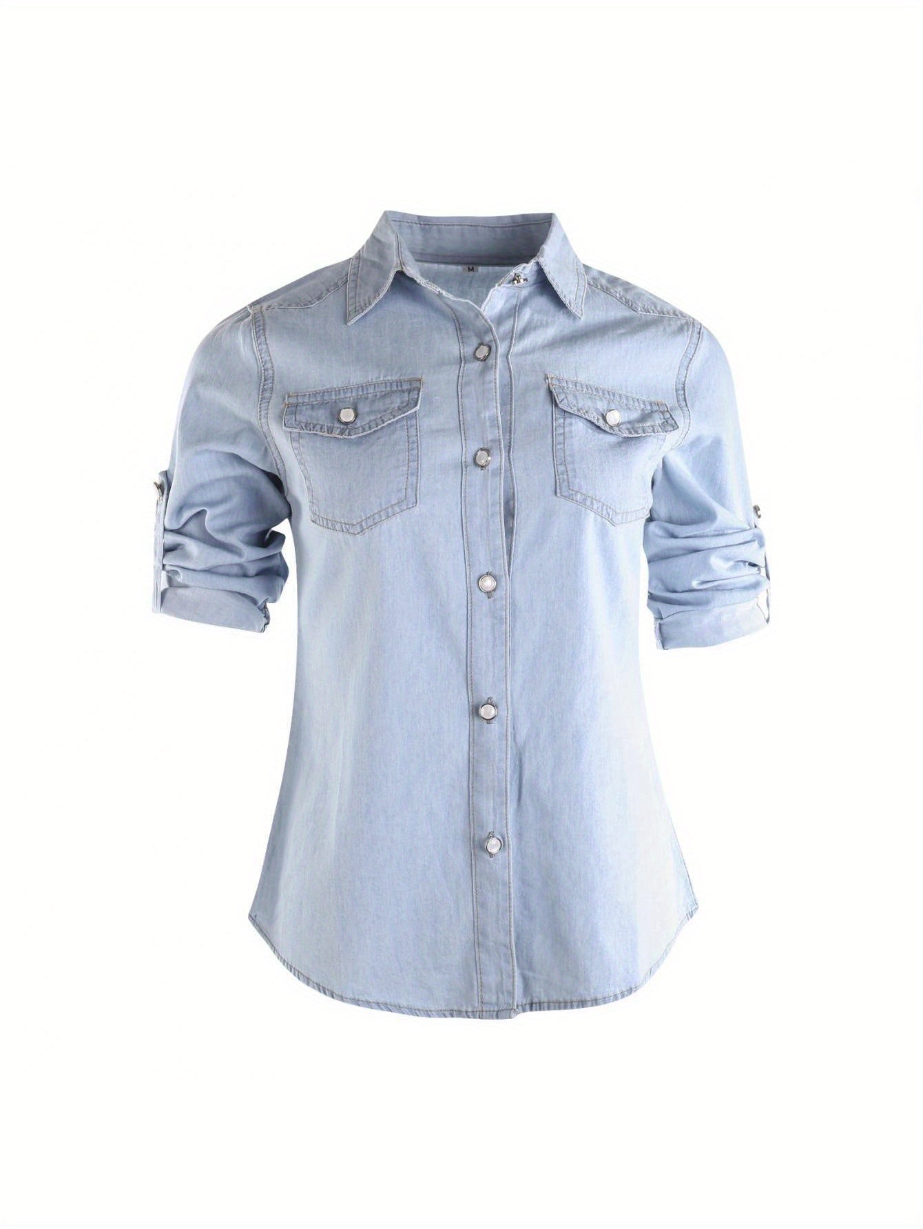 Women Retro Blue Denim Shirts Adjustable Long Sleeve