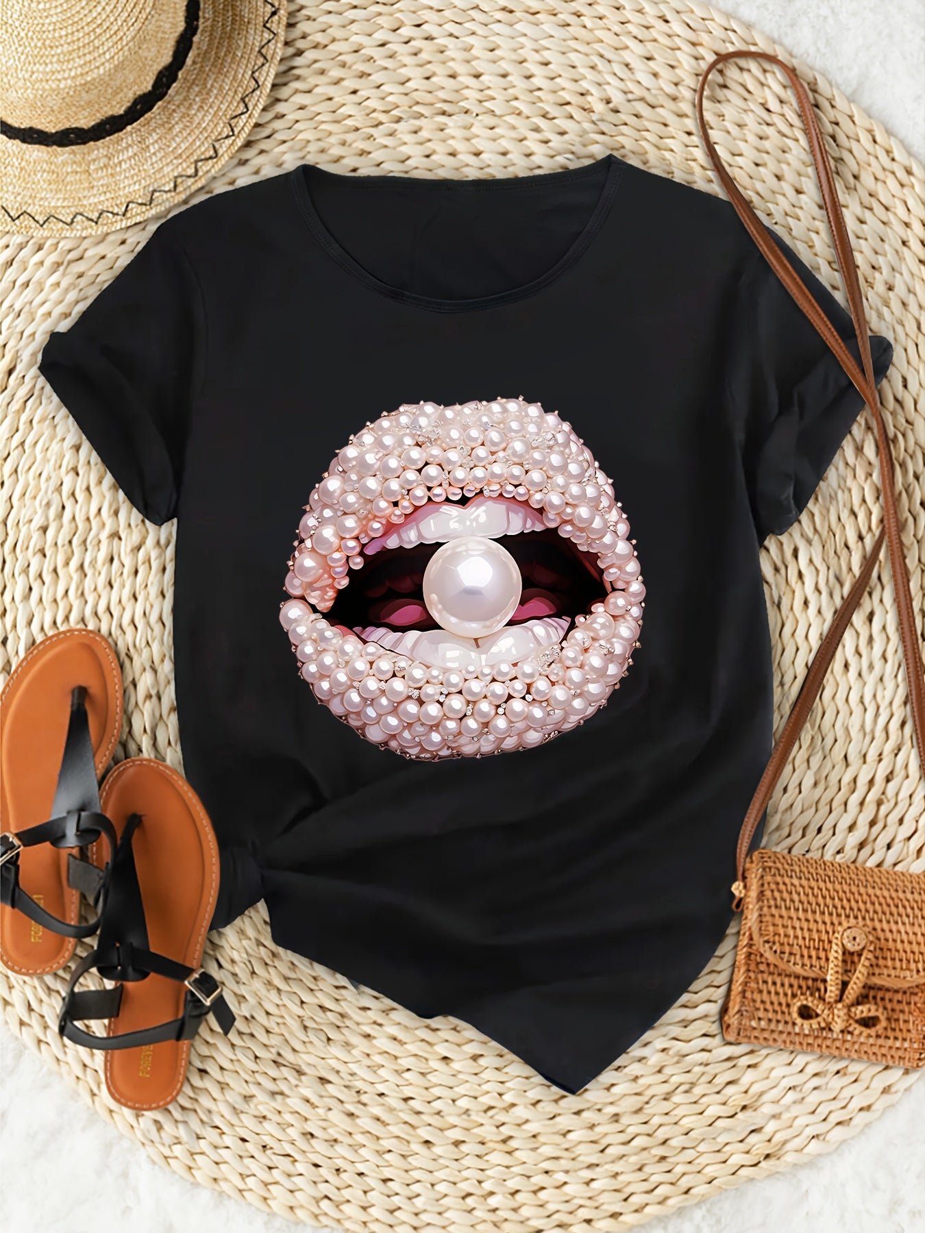 Camiseta de moda: cuello redondo informal, diseño exclusivo de labios perlados