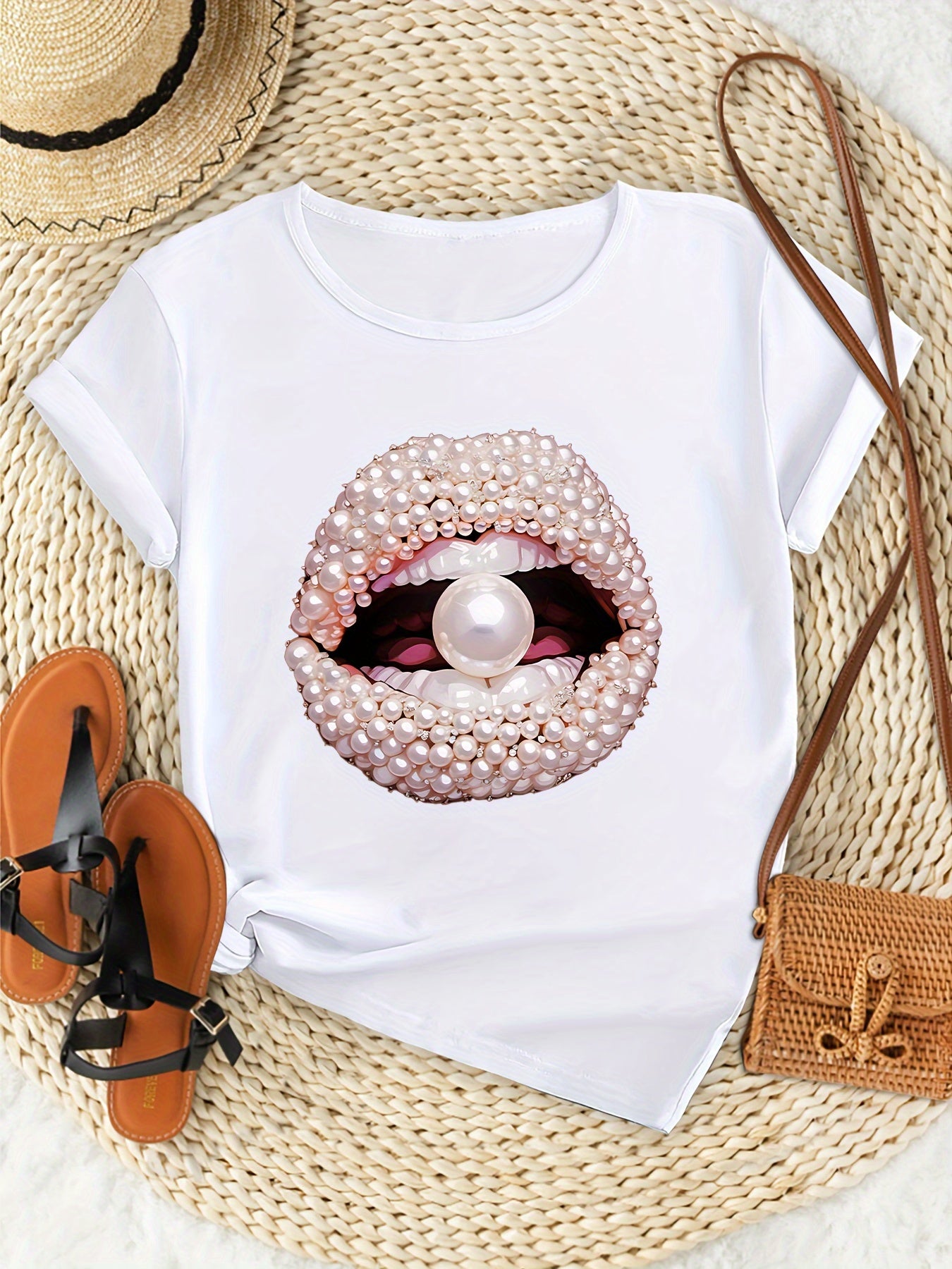Camiseta de moda: cuello redondo informal, diseño exclusivo de labios perlados