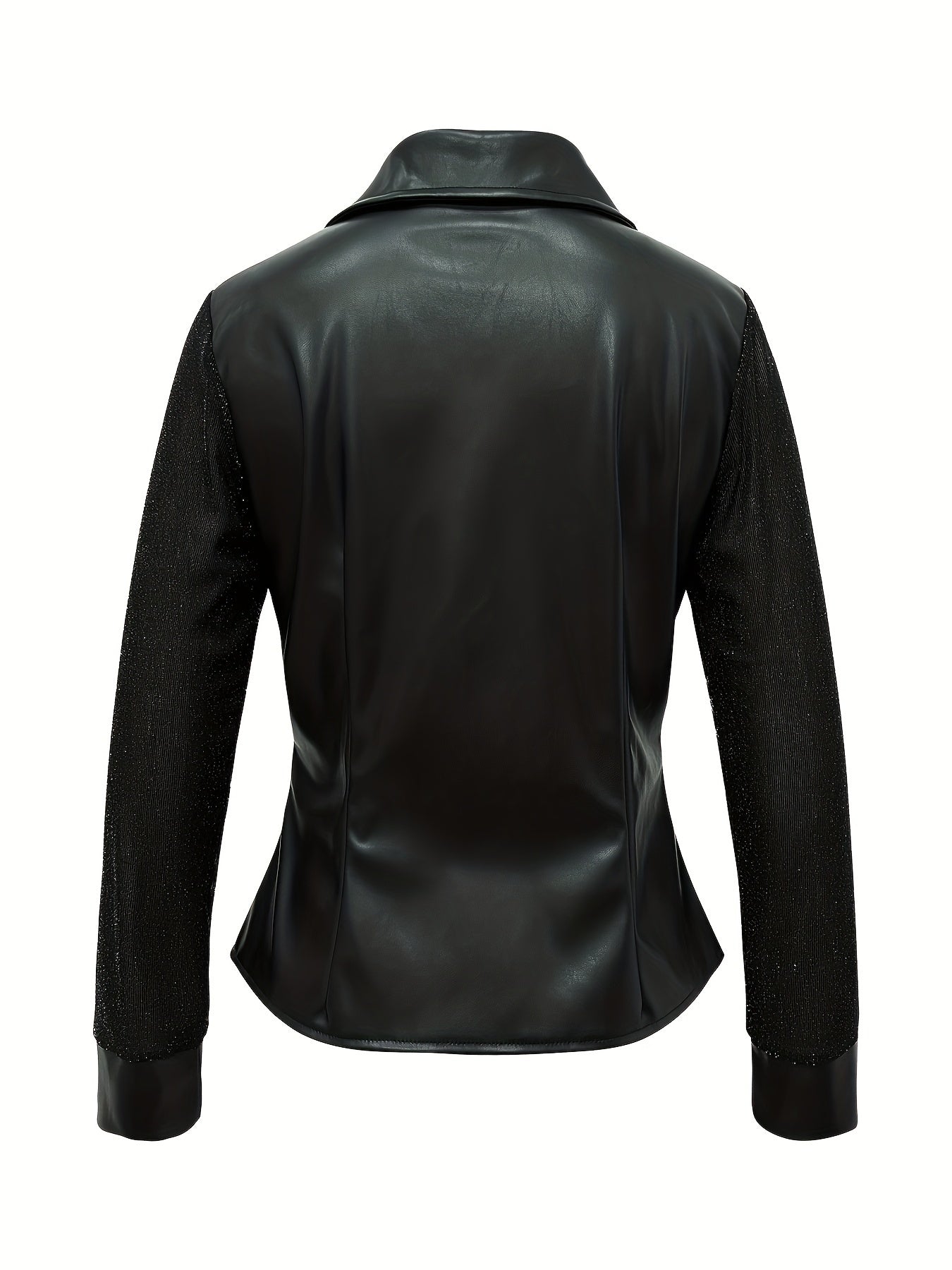 Blusa de piel sintética con botones en la parte delantera, elegante blusa ajustada de técnica mixta con mangas largas tipo ilusión para primavera y verano, ropa de mujer
