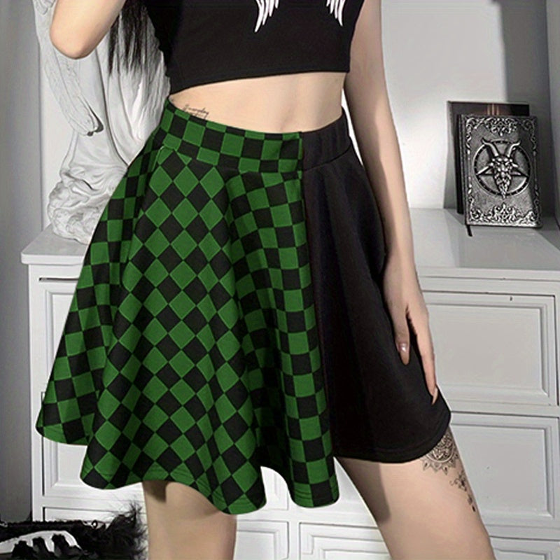 Chessboard Print Splicing Skirt, Gothic Ruched Punk Mini Skirt Without Belt, Women's Clothing