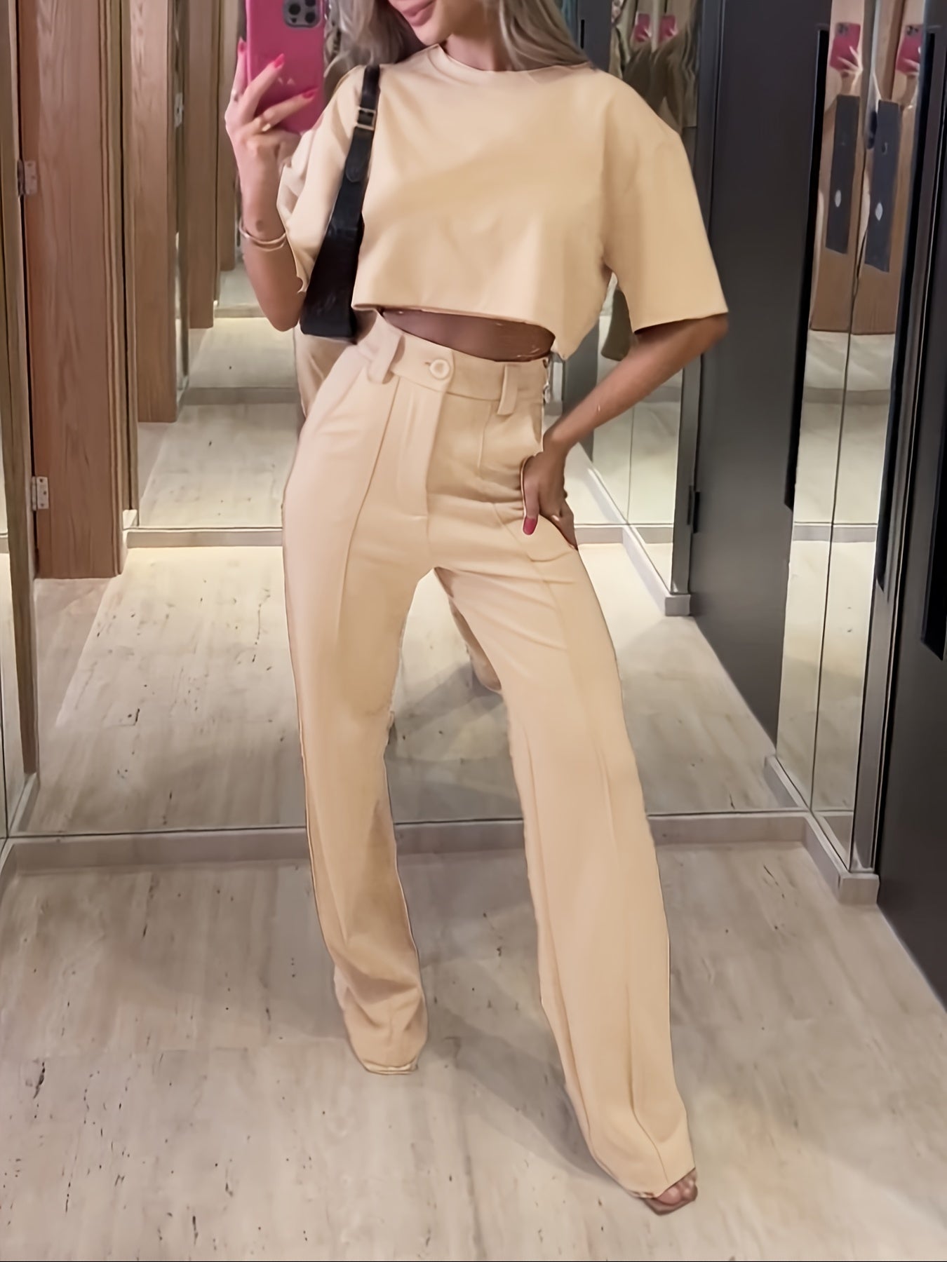 Two-Piece Solid Color Jacket and High Waist Straight Pants Set