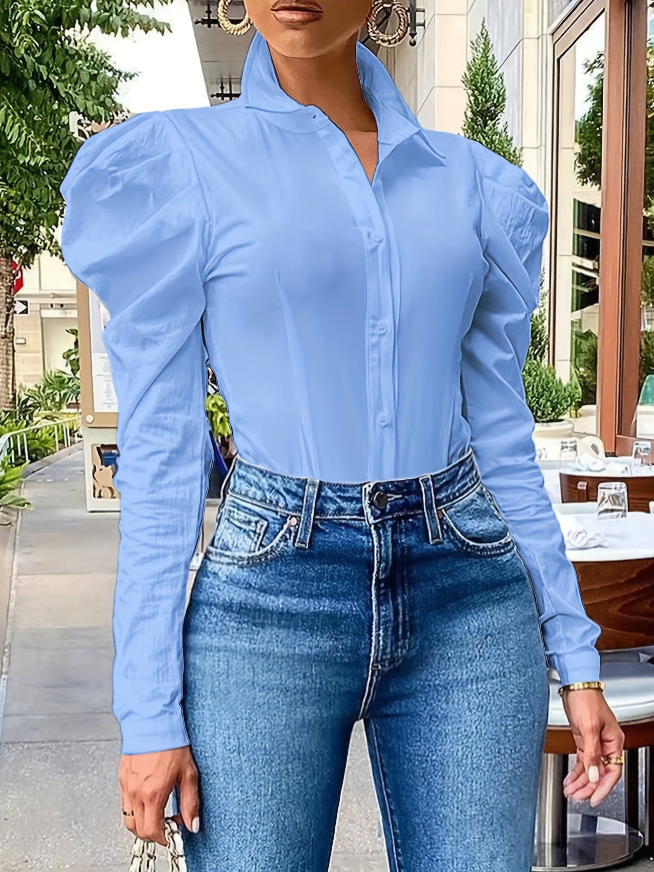 Elegant Slim-Fit Puff Sleeve Shirt | Versatile Year-round Style, Semi-Sheer Woven Fabric, Single-Button Closure - Women's Fashion