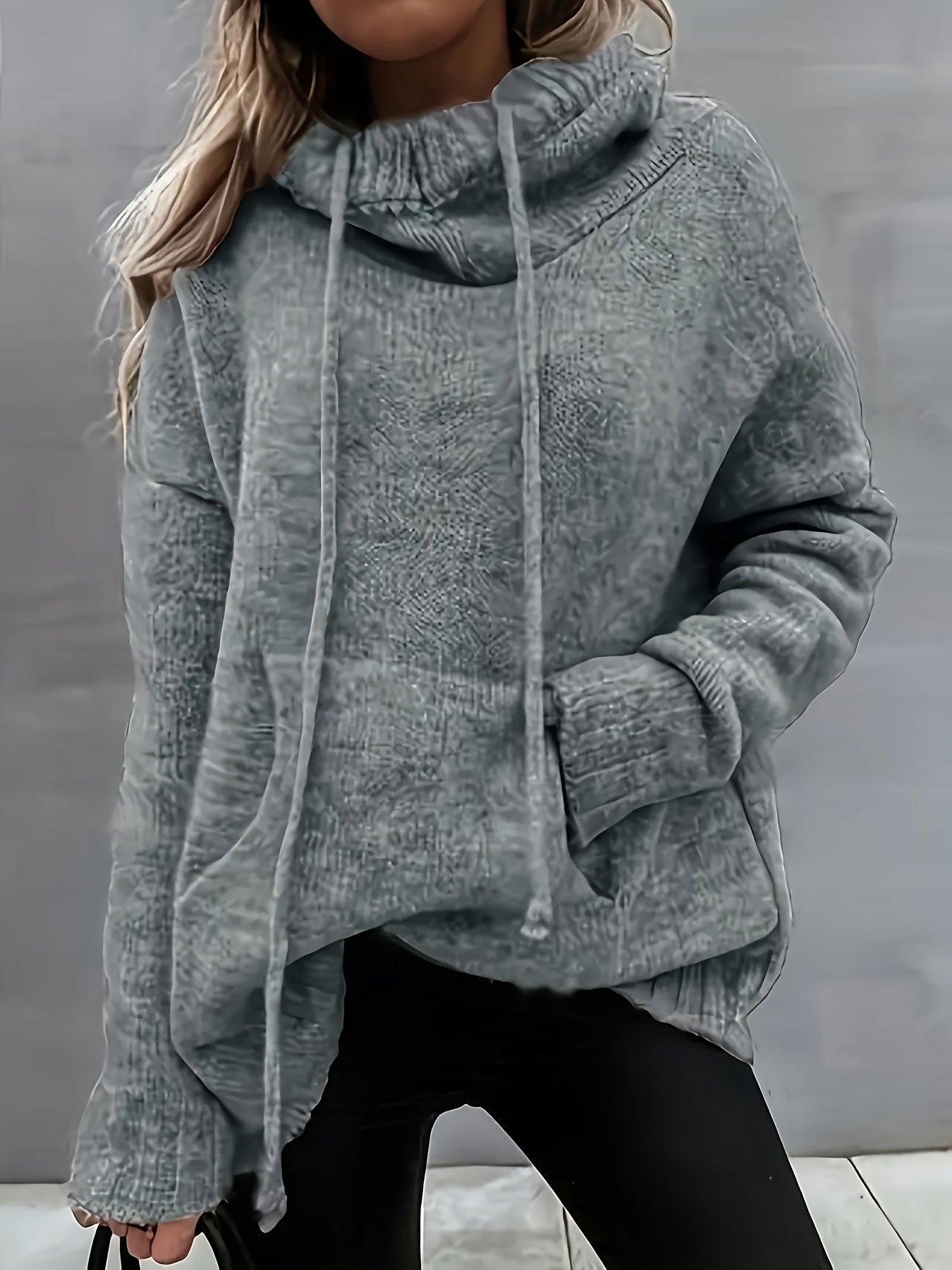 Suéter de punto con cordón ajustable de talla grande: blusa informal de manga larga con cuello vuelto y bolsillo tipo canguro