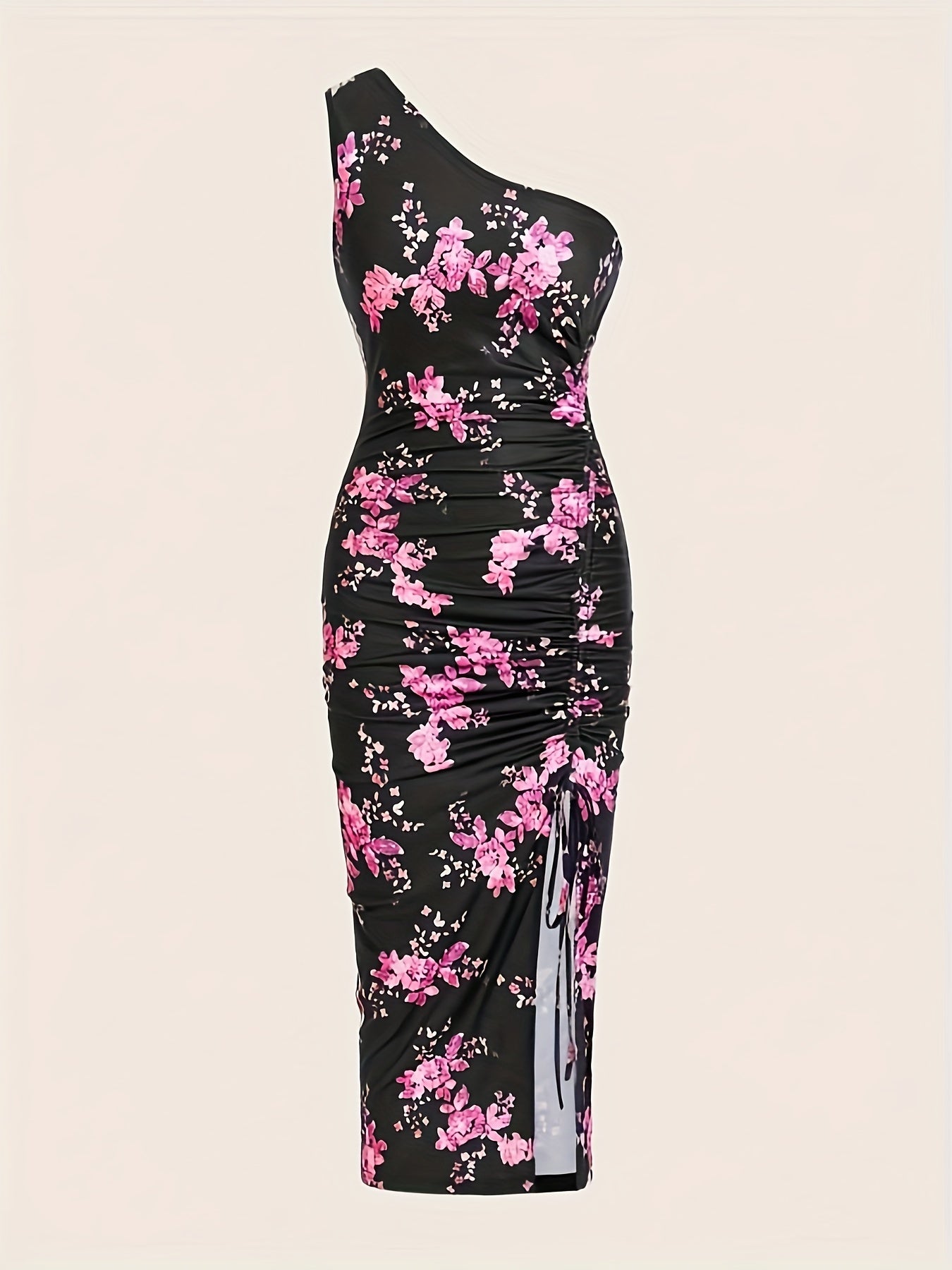 Vibrant Floral Print One Shoulder Ruched Dress - Elegant Sleeveless Asymmetrical Split Thigh Design, Chic Vacation Clothing for Women, Perfect for Summer Getaways, Beach Trips, and Outdoor Events