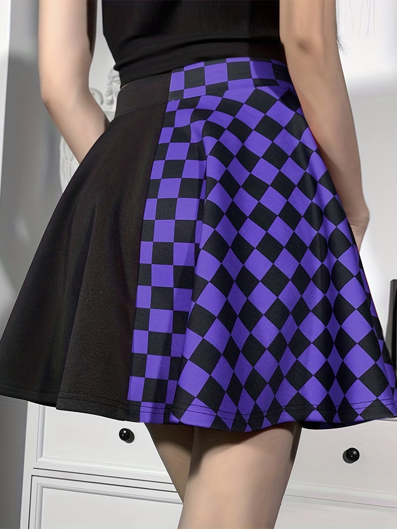 Chessboard Print Splicing Skirt, Gothic Ruched Punk Mini Skirt Without Belt, Women's Clothing