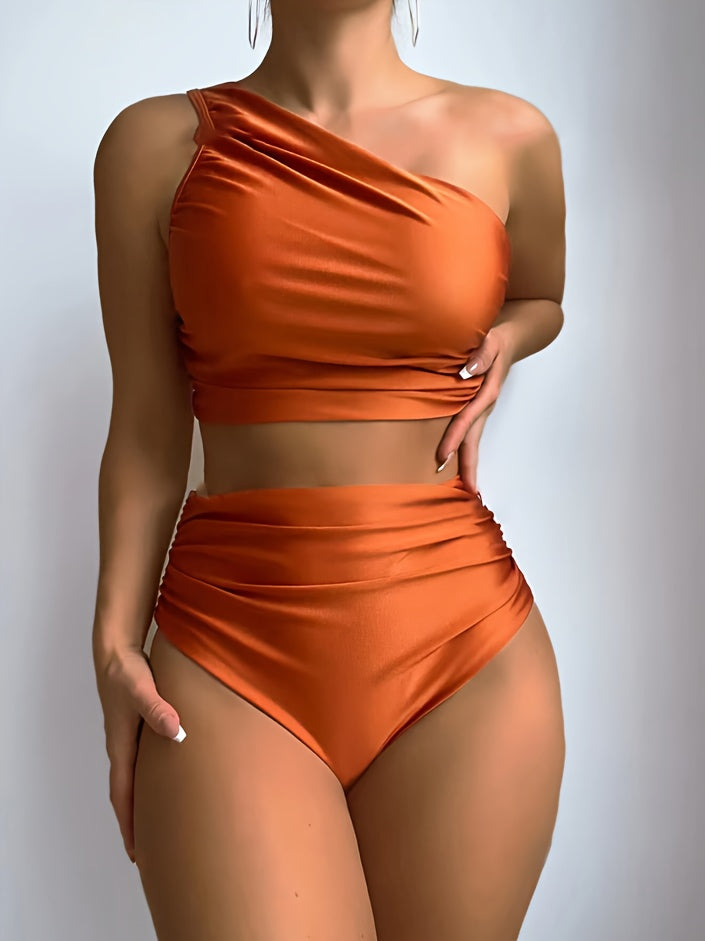 Women'S Sexy One-Shoulder Black Bikini Set - High Stretch Polyamide & Elastane, Solid Color Swimsuit with Frill Detail, Sleeveless, Swimwear Essentials | One Shoulder Bikini | Stretchy Fabric