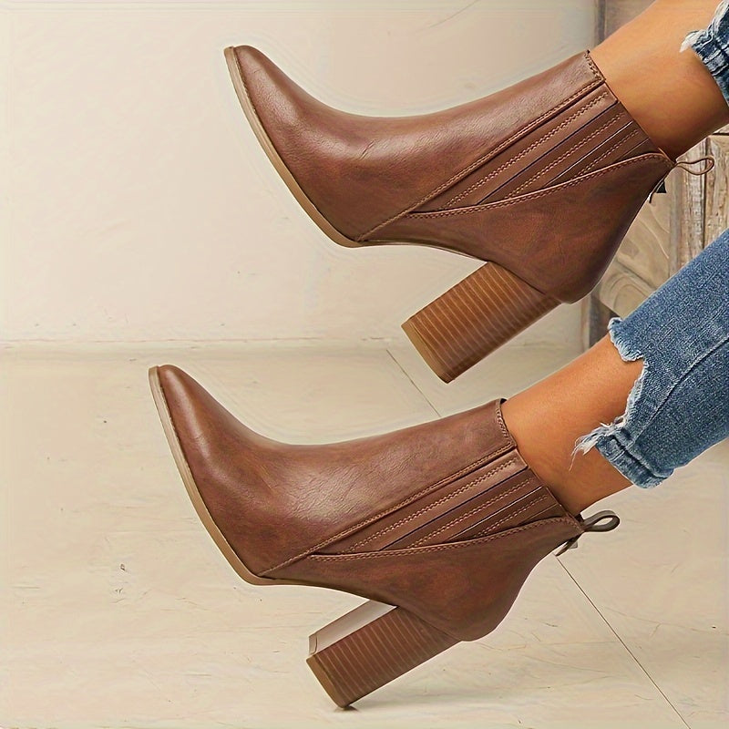 Botas de moda de color sólido para mujer, botines casuales sin cordones con tacón grueso, botas Chelsea con punta en punta
