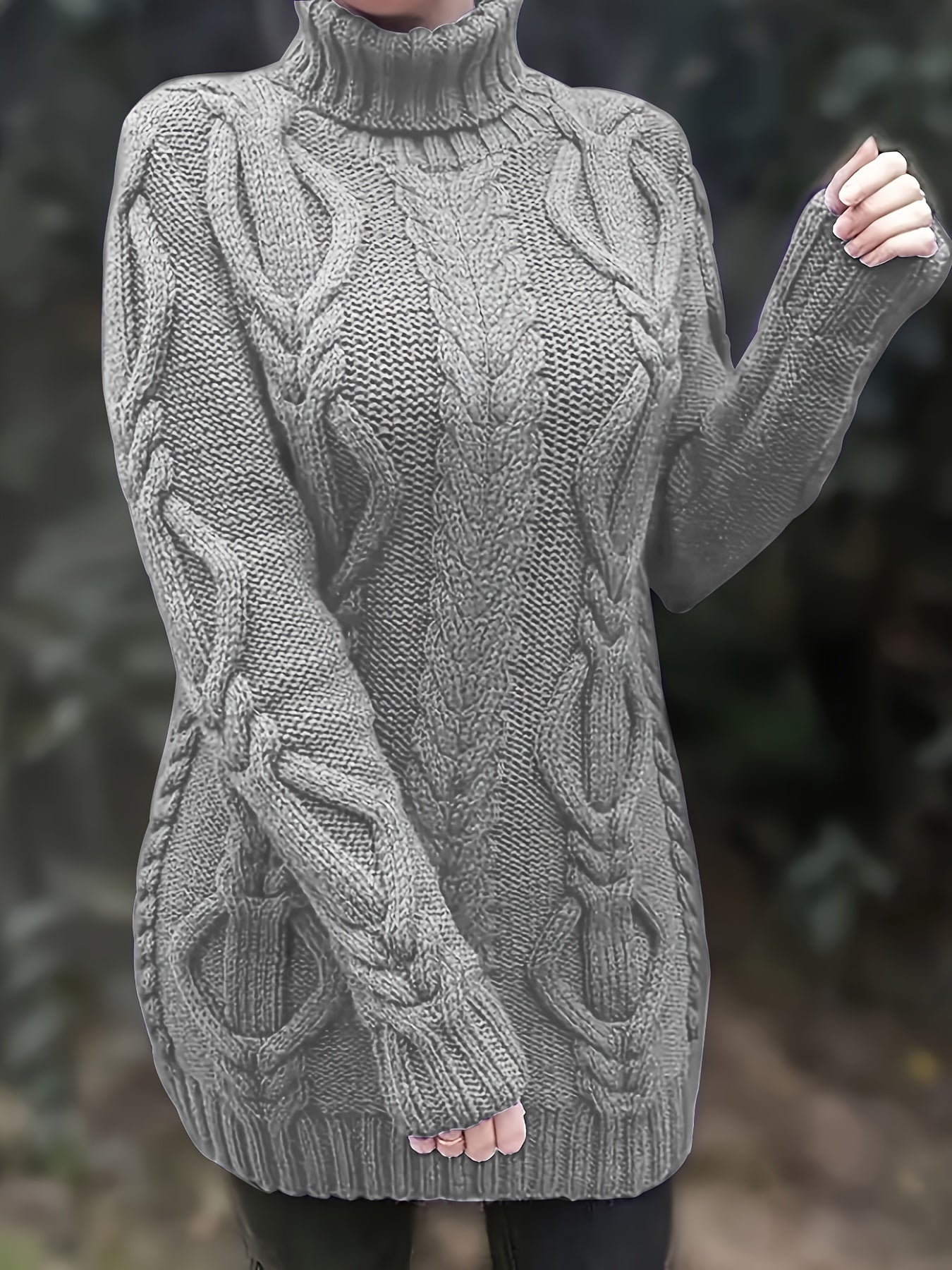 Cozy Solid Color Cable Knit Sweater for Women - Elegant Turtleneck Polyester Fall/Winter Essential
