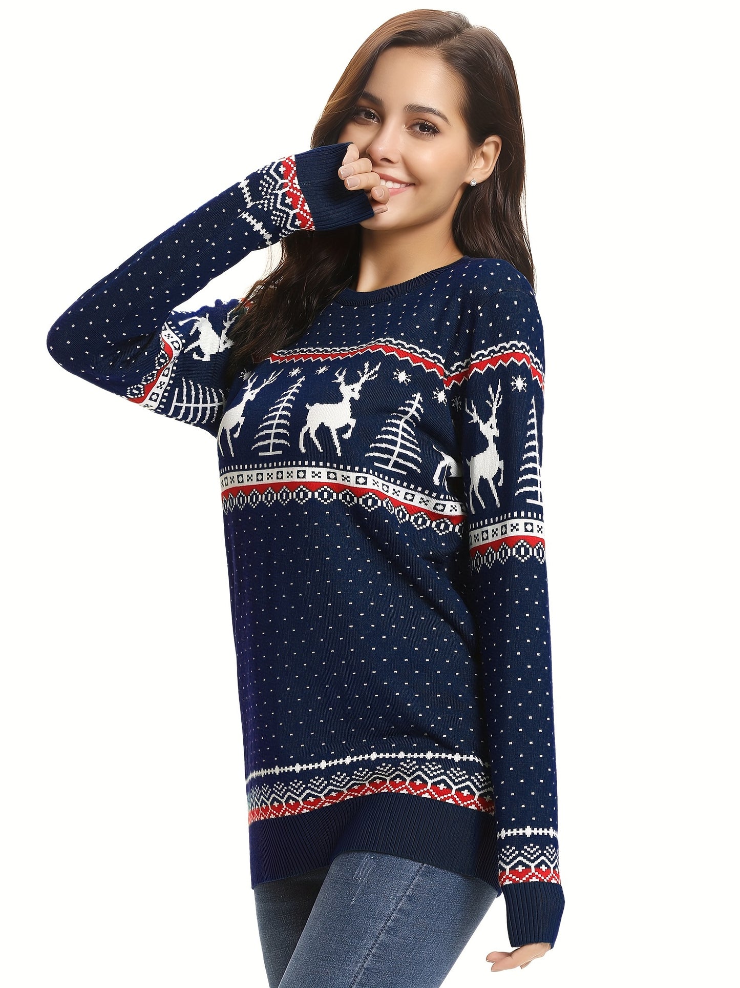 Womens Ugly Christmas Sweater Crew Neck Knitted Pullover Sweaters Tops