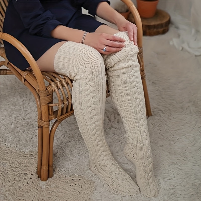 2 pares de calcetines hasta la rodilla para mujer, gruesos y cálidos, de punto para invierno, con forma de masa frita, calcetines de pila, regalo de Navidad blanco