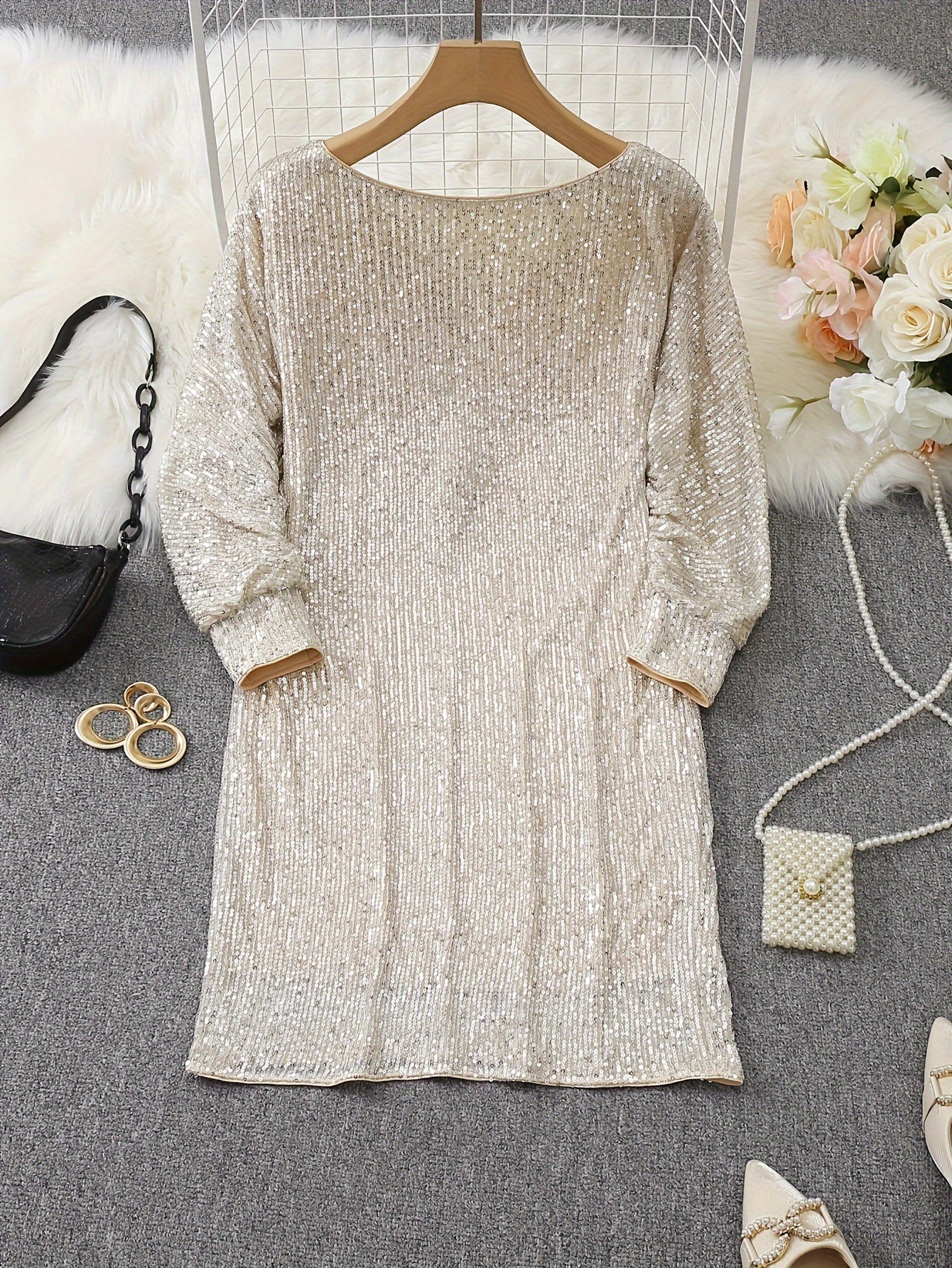 Vibrant Sequin Party Dress - Stylish V Neck, Long Sleeve, Solid Color, Women's Clothing for Glamorous Party Occasions and Special Events