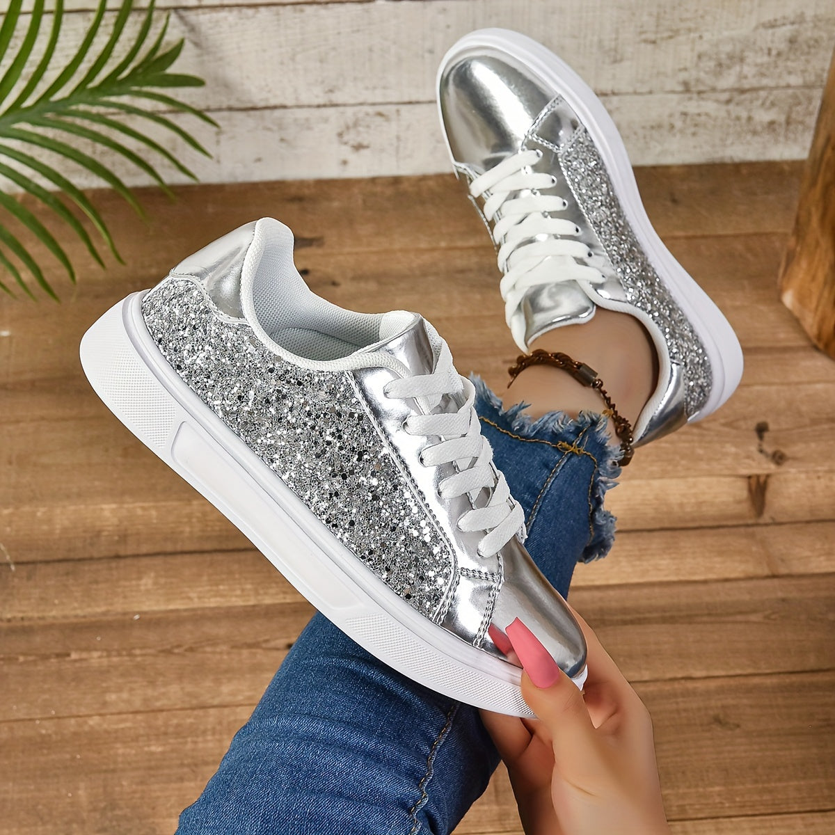 Vibrant Sparkly Sequins Low Top Sneakers - Comfortable Lace-Up Fabric Insole EVA Sole Microfiber Shoes for Everyday Casual Walking and Fashion Wear