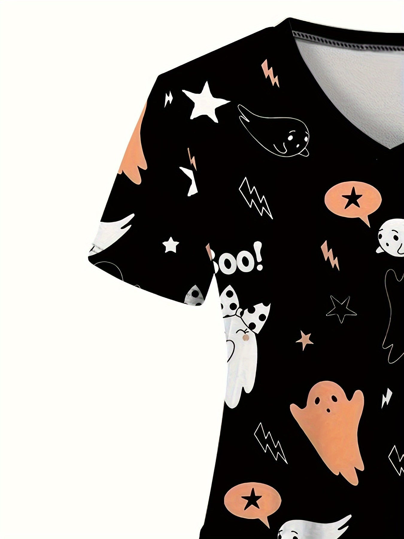 Women's Vintage Ghost Print Scrub Top - Comfortable & Stylish Healthcare Uniform with Pockets, Perfect for Hospitals & Dental Clinics