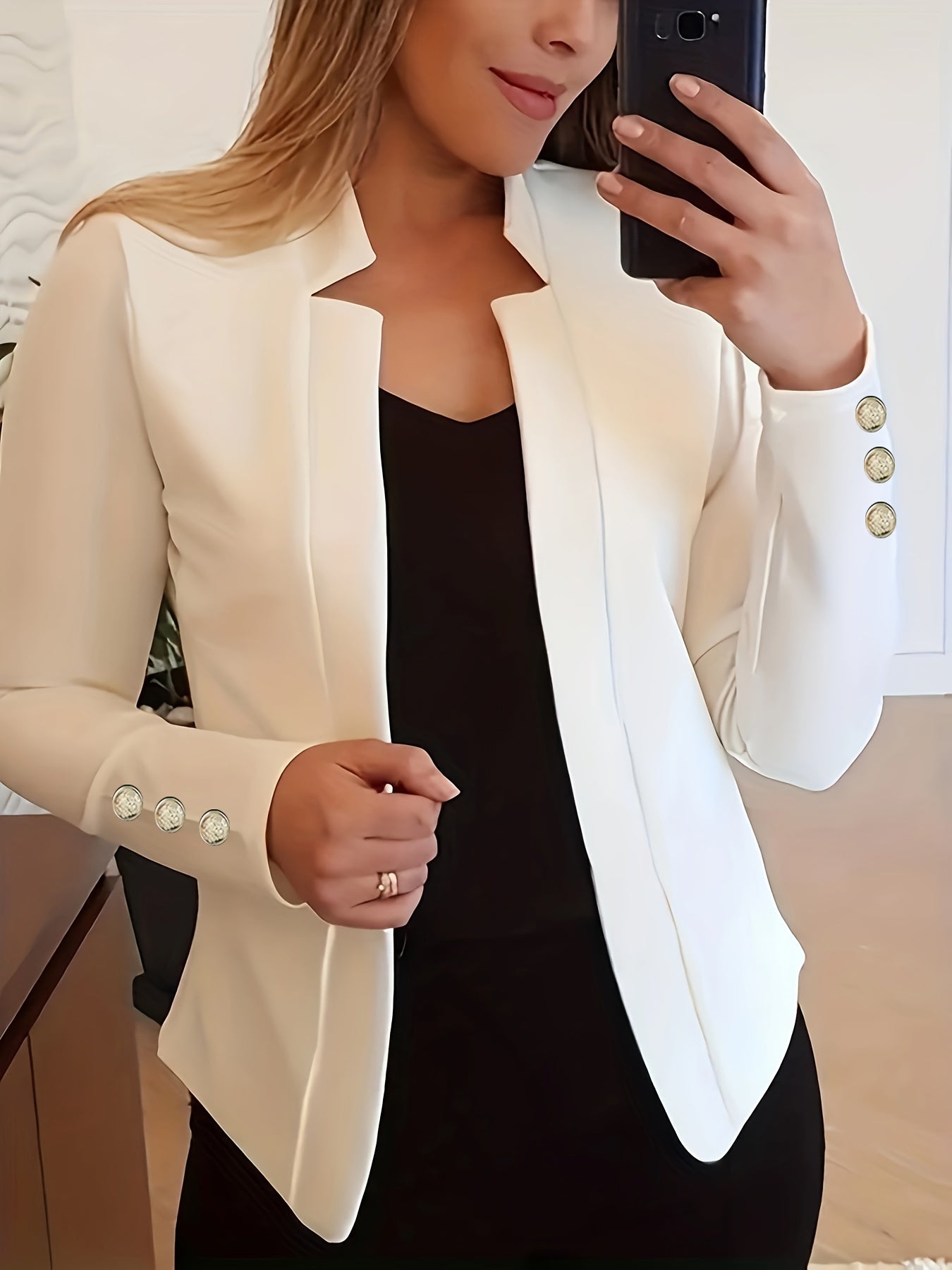 Stylish Solid Open Front Long Sleeve Button Blazer