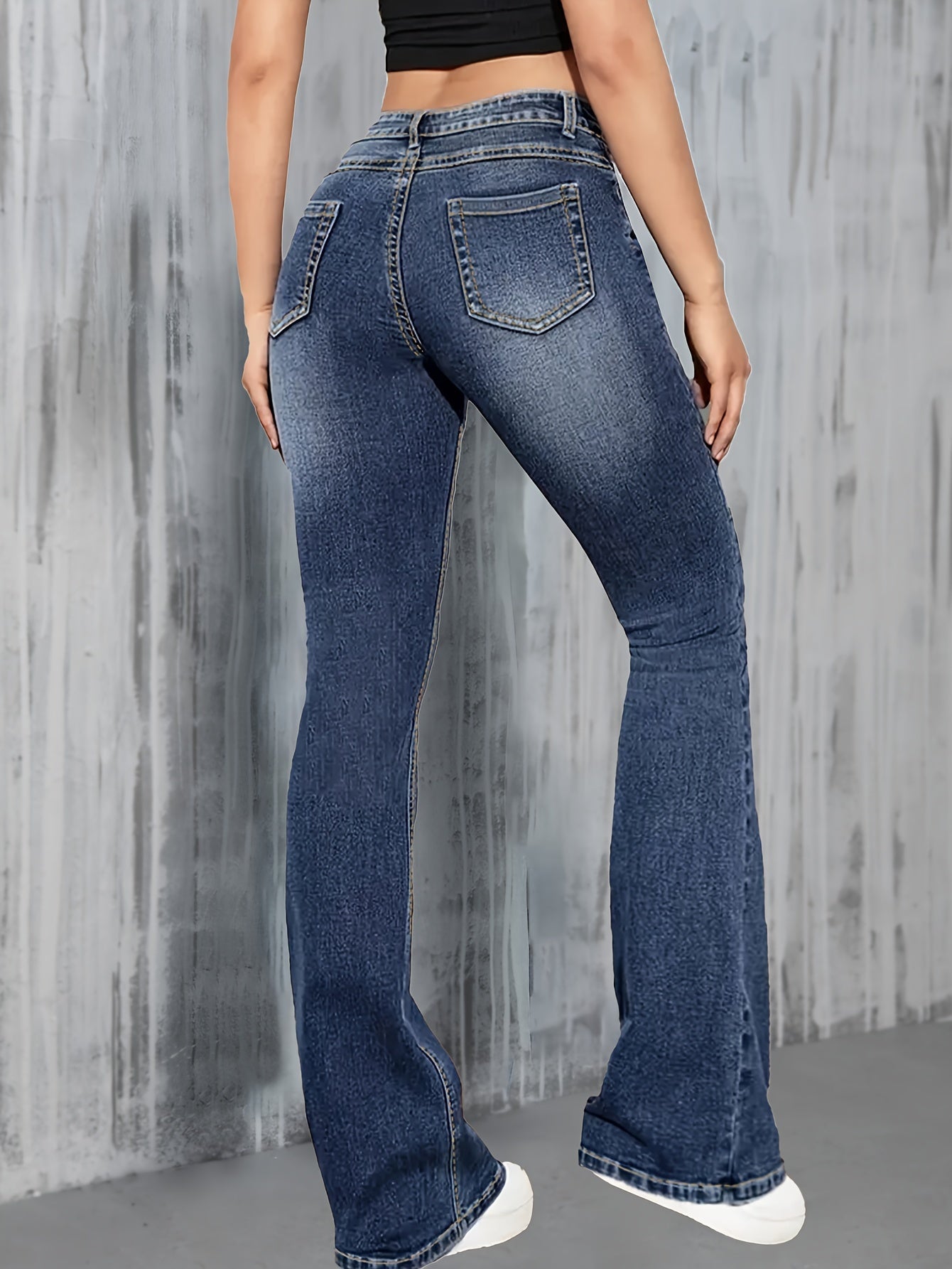 Pantalones vaqueros azules acampanados, ajustados, de cintura alta y largo largo: elásticos, lavados, con botones en la bragueta, estilo urbano, para uso informal durante el fin de semana; lavables a máquina, para usar durante toda la temporada