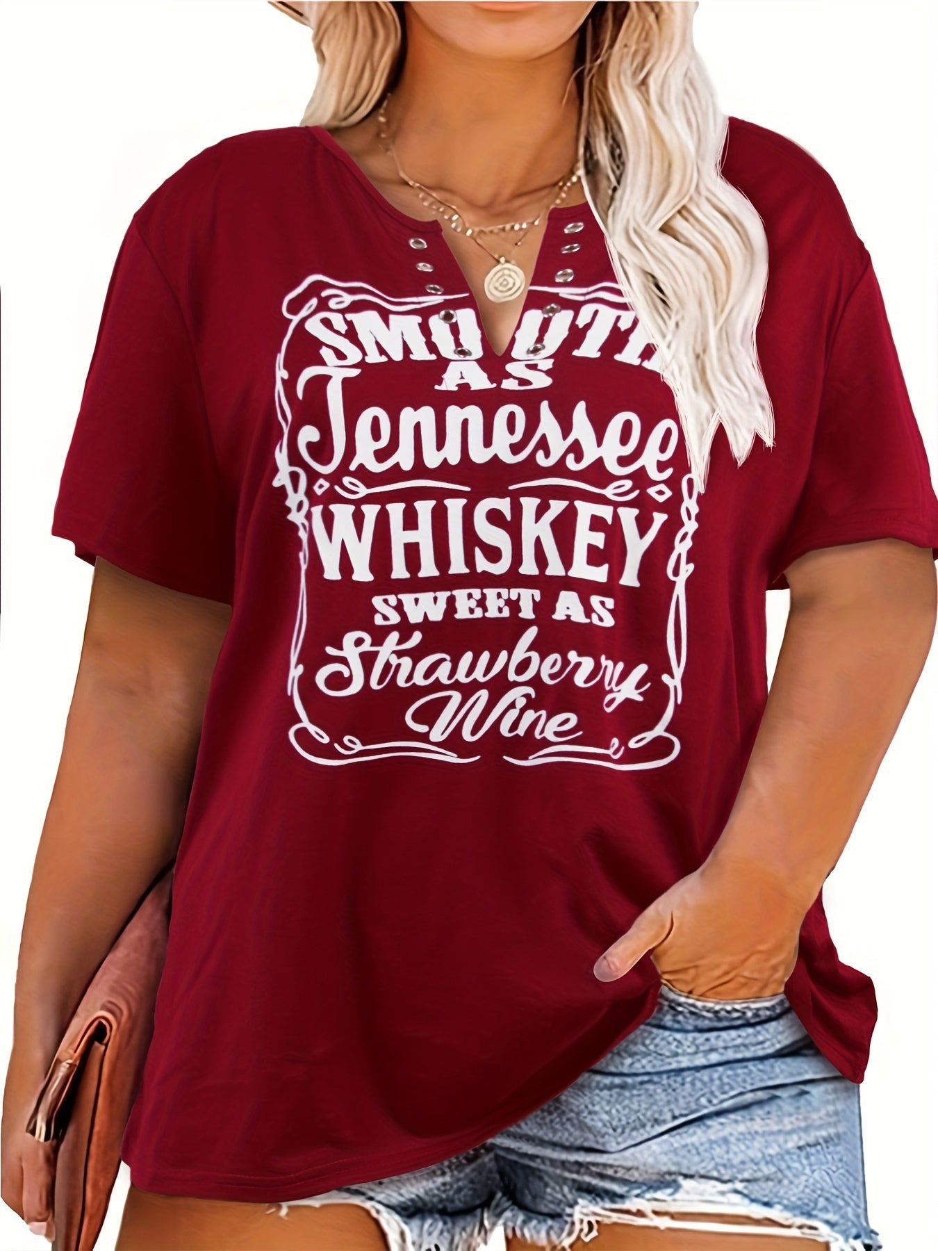 Plus Size Women's Relaxed Fit V Neck Casual T-Shirt - Soft Slight Stretch Fabric, Short Sleeve, Grommet Detail, Slogan Print, Comfortable and Breathable - Perfect for Everyday Wear