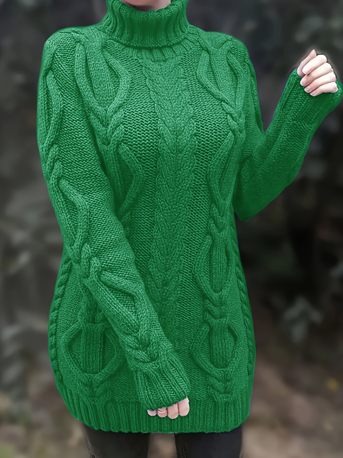 Cozy Solid Color Cable Knit Sweater for Women - Elegant Turtleneck Polyester Fall/Winter Essential