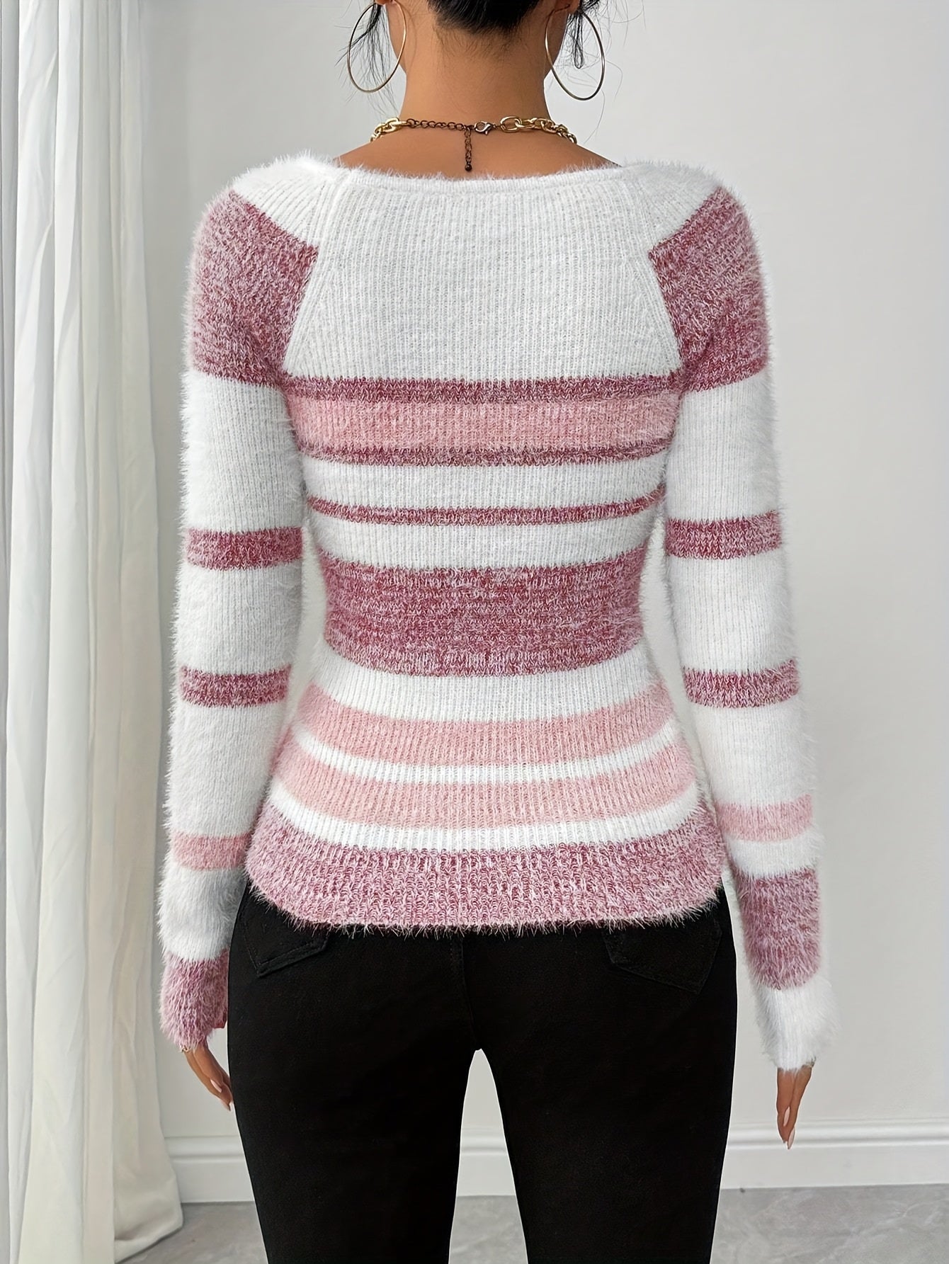 Elegant Women'S Striped Pullover Sweater, Polyester Fleece Long Sleeve Round Neck, Regular Length, Autumn/Winter Season,
