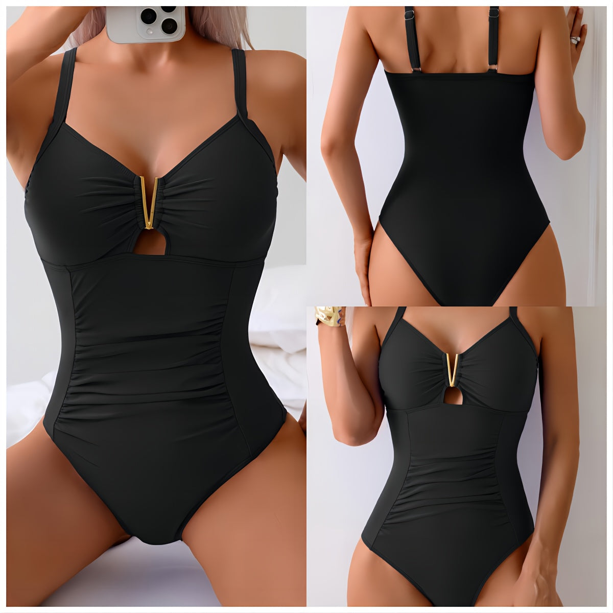 Solid Color One-piece Swimsuit - Integrated High Elastic Abdominal Swimsuit for Women - Solid Color V-shaped Concave Design, Comfortable and Body-hugging - Breathable and Quick-drying Polyester Fabric