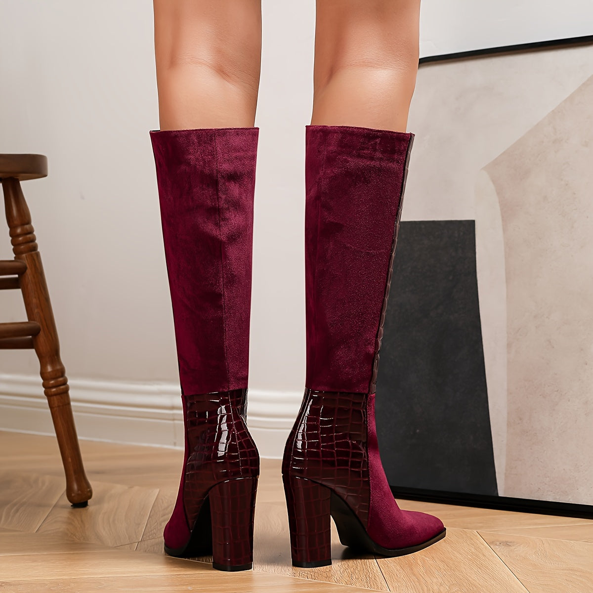 Stylish Knee-High Boots - Fashion Pointed Toe, Solid Color Block Heeled, Side Zipper, Chic Women's Boots for Everyday Wear