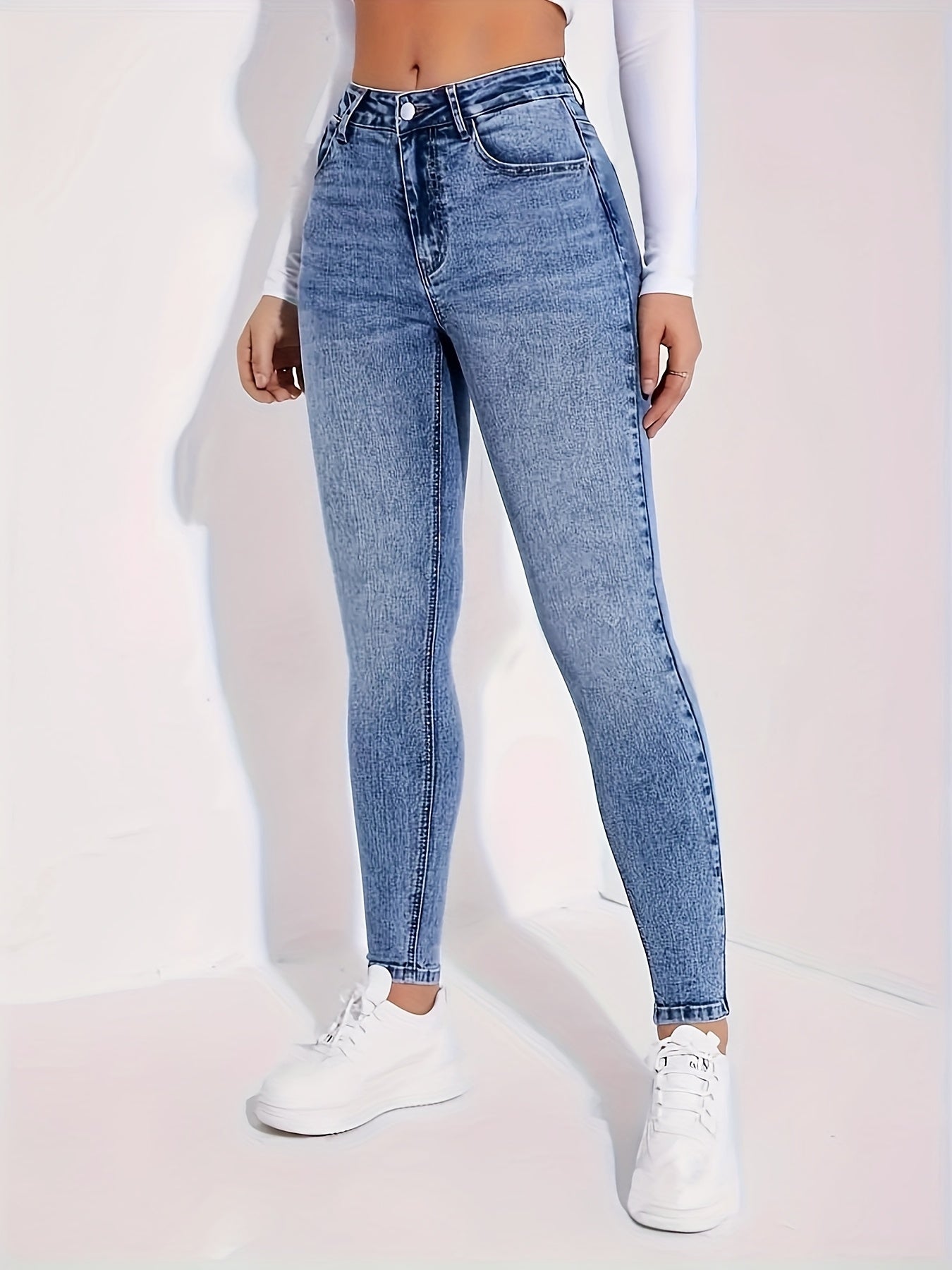 Women'S High Waist Stretch Skinny Jeans - Slim Fit, Butt Lifting, Blue Denim For Casual Everyday Wear