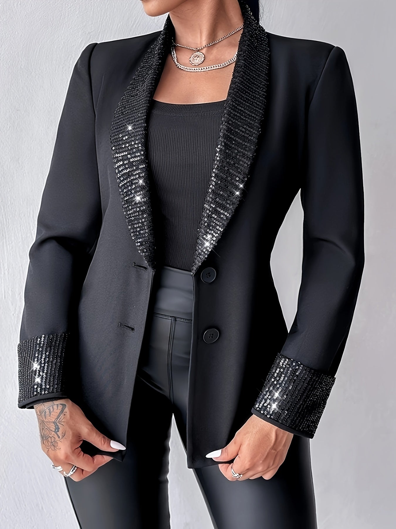 Elegant Sequin Shawl Collar Blazer Jacket, Long Sleeve Regular Fit, All-Season Woven Outerwear with Contrast Detail