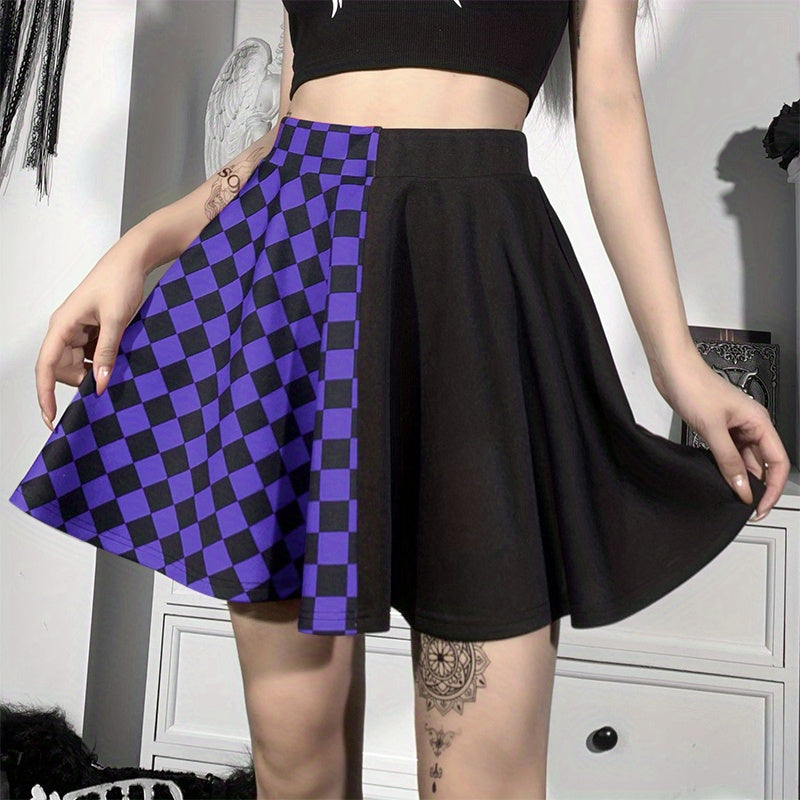 Chessboard Print Splicing Skirt, Gothic Ruched Punk Mini Skirt Without Belt, Women's Clothing