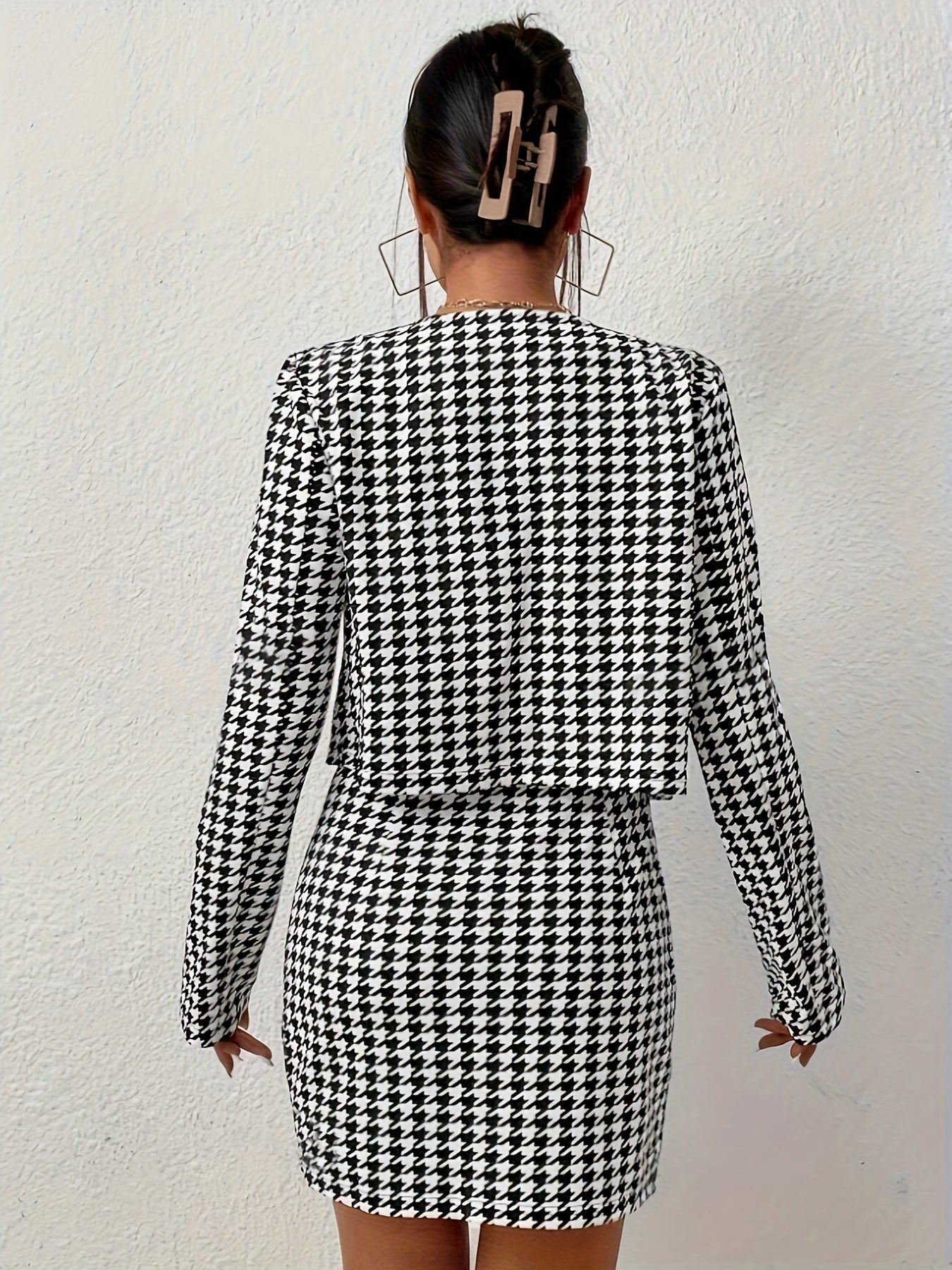 Two Piece Set - Elegant Houndstooth Open Front Crew Neck Long Sleeve Jacket and Bodycon Mini Skirt Outfits for Women's Clothing