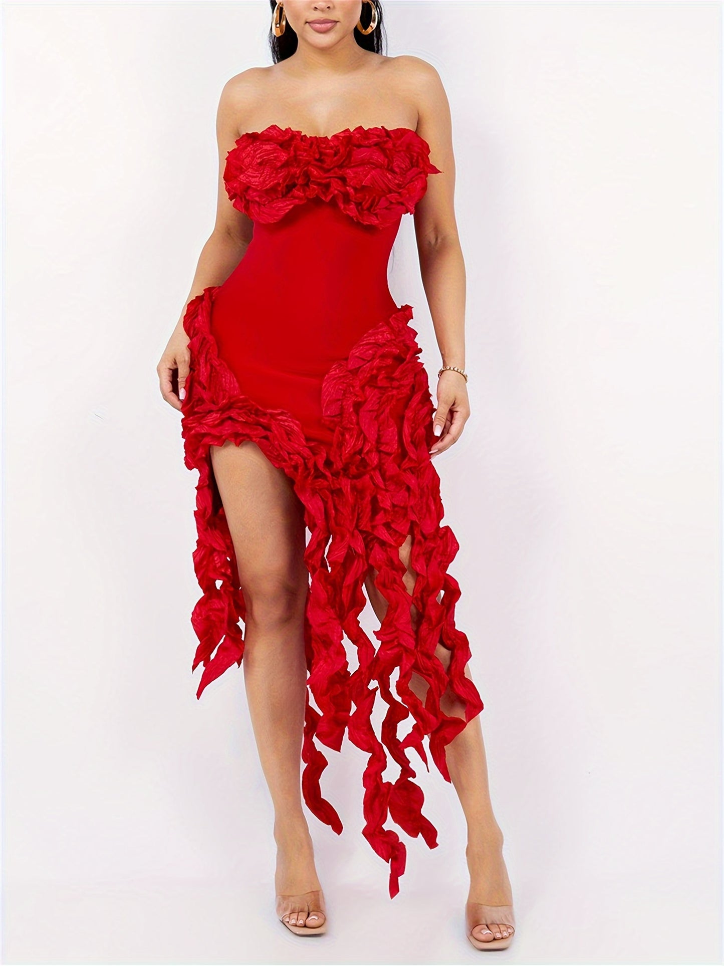 Sultry Midi Cocktail Party Dress - Women Clothing, Strapless, Applique, Asymmetrical, Fringe Hem, High Split, Sexy, Birthday Party, Formal Wear for Women