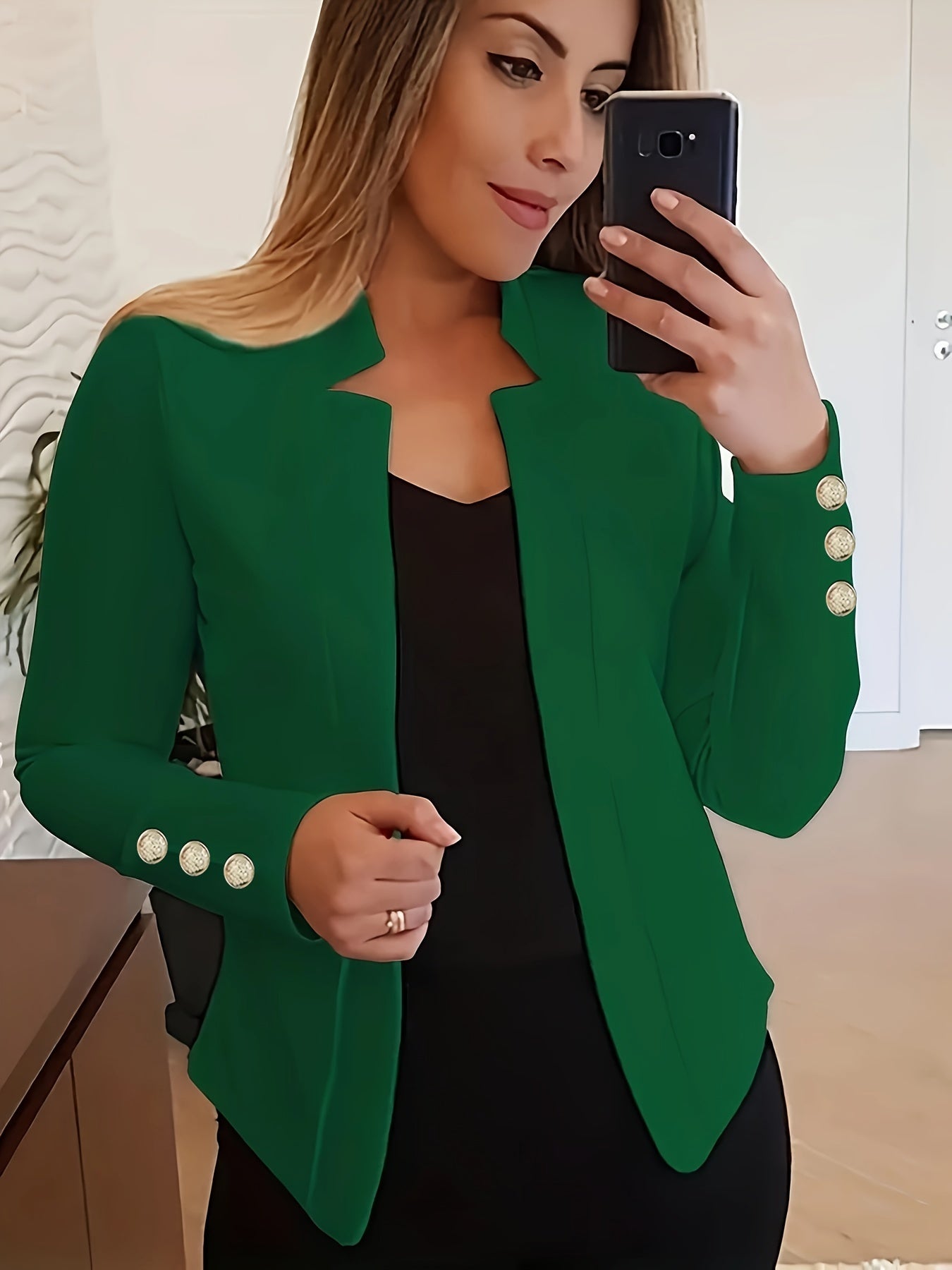 Stylish Solid Open Front Long Sleeve Button Blazer
