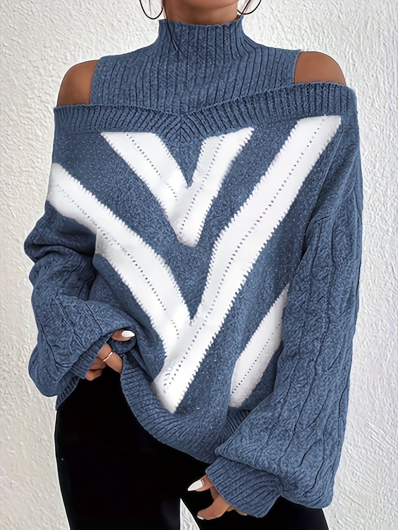 Suéter de cuello alto con estampado geométrico para mujer, talla grande, hombros descubiertos, manga larga, ligeramente elástico