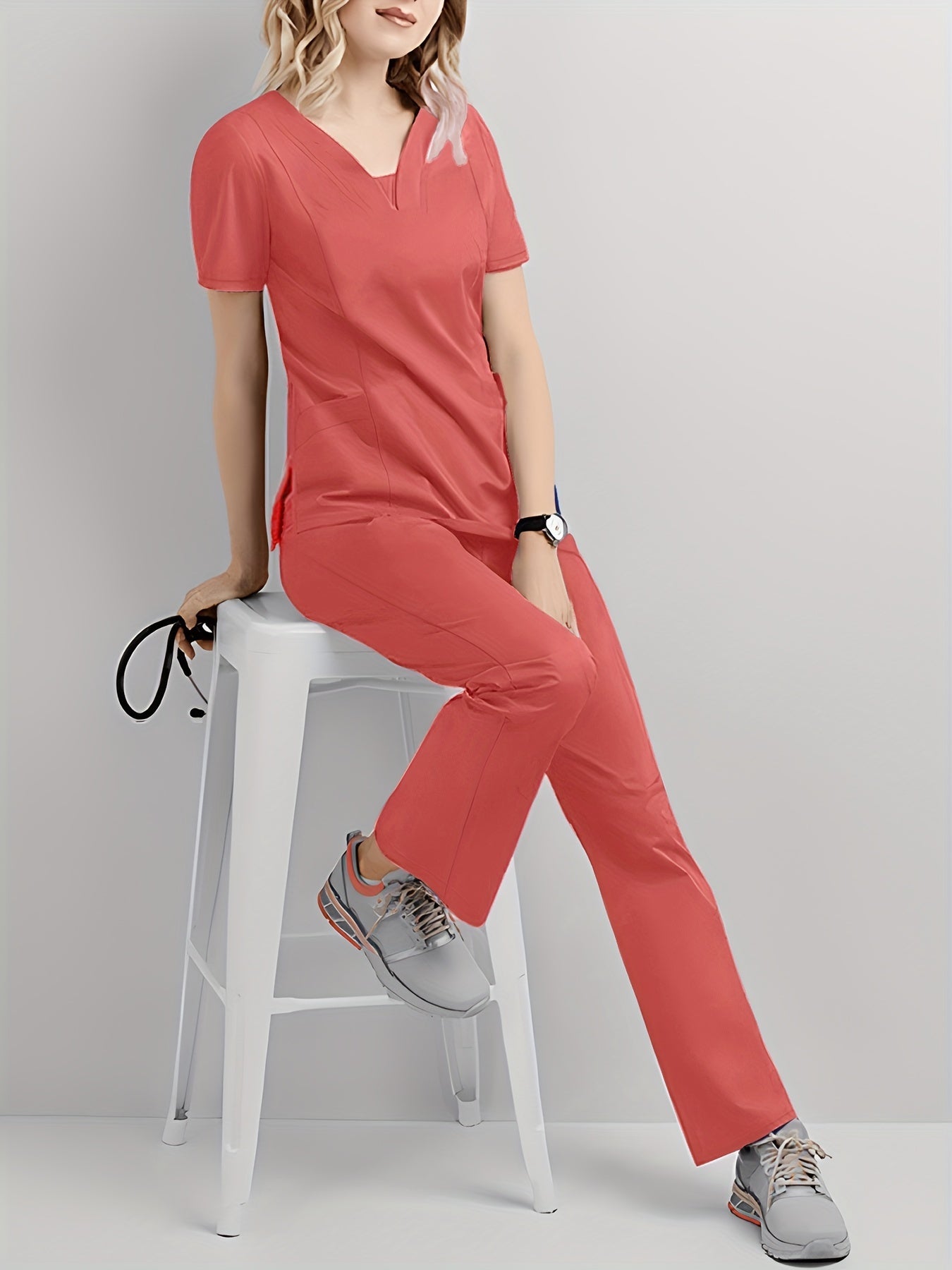 Conjunto médico de dos piezas con cuello en V, manga corta y pantalones elásticos, cómodo y de ajuste cómodo para mujeres | Uniformes médicos duraderos y de fácil cuidado para profesionales de la salud