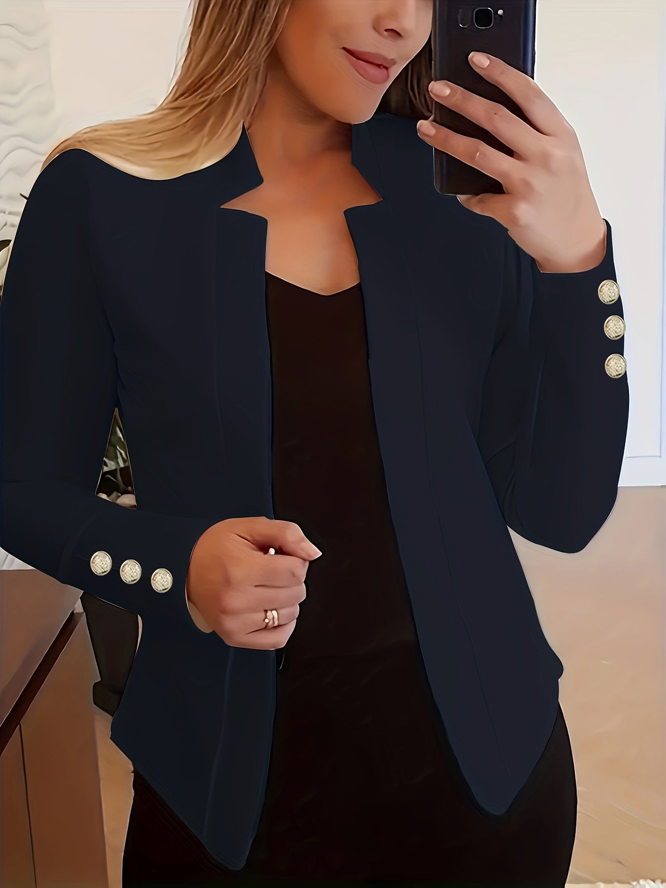 Stylish Solid Open Front Long Sleeve Button Blazer