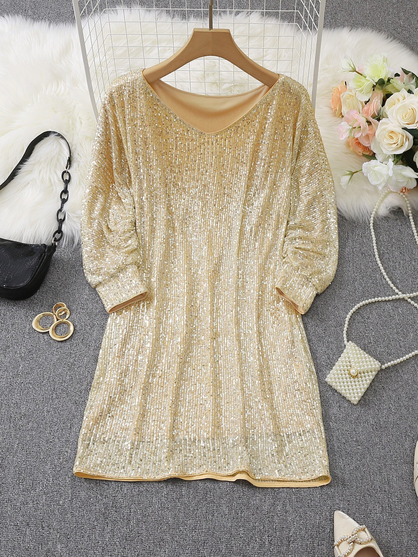 Vibrant Sequin Party Dress - Stylish V Neck, Long Sleeve, Solid Color, Women's Clothing for Glamorous Party Occasions and Special Events