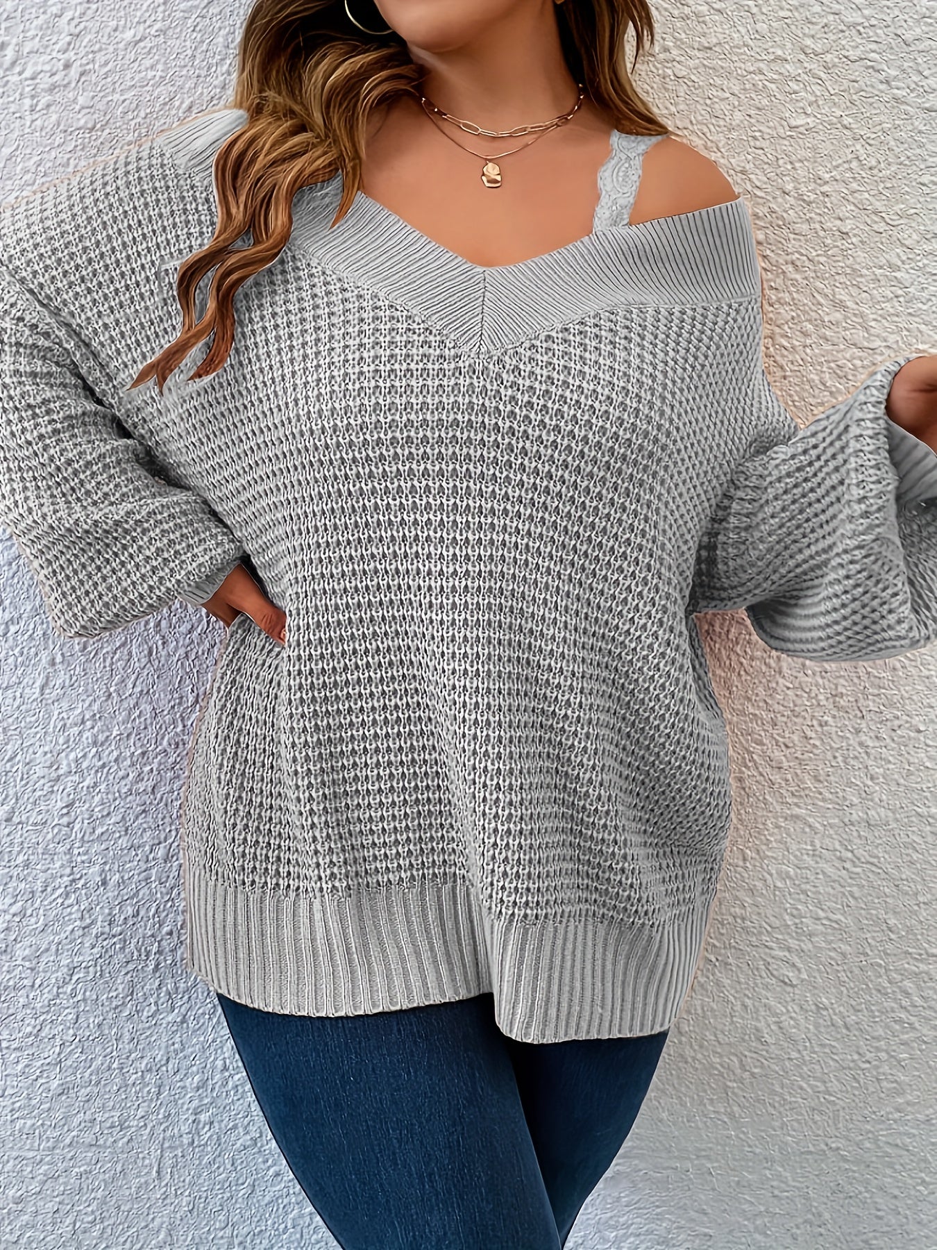Plus Size Cold Shoulder Knitted Sweater, Elegant Long Sleeve Pullover Sweater