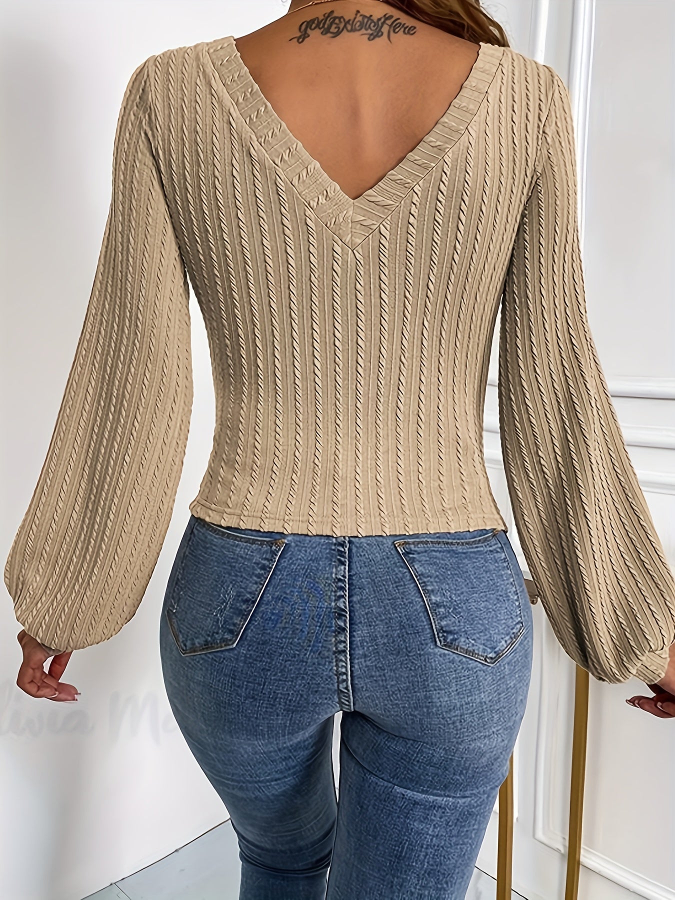 Ribbed Solid Slim T-shirt, Casual V Neck Long Sleeve T-shirt, Women's Clothing