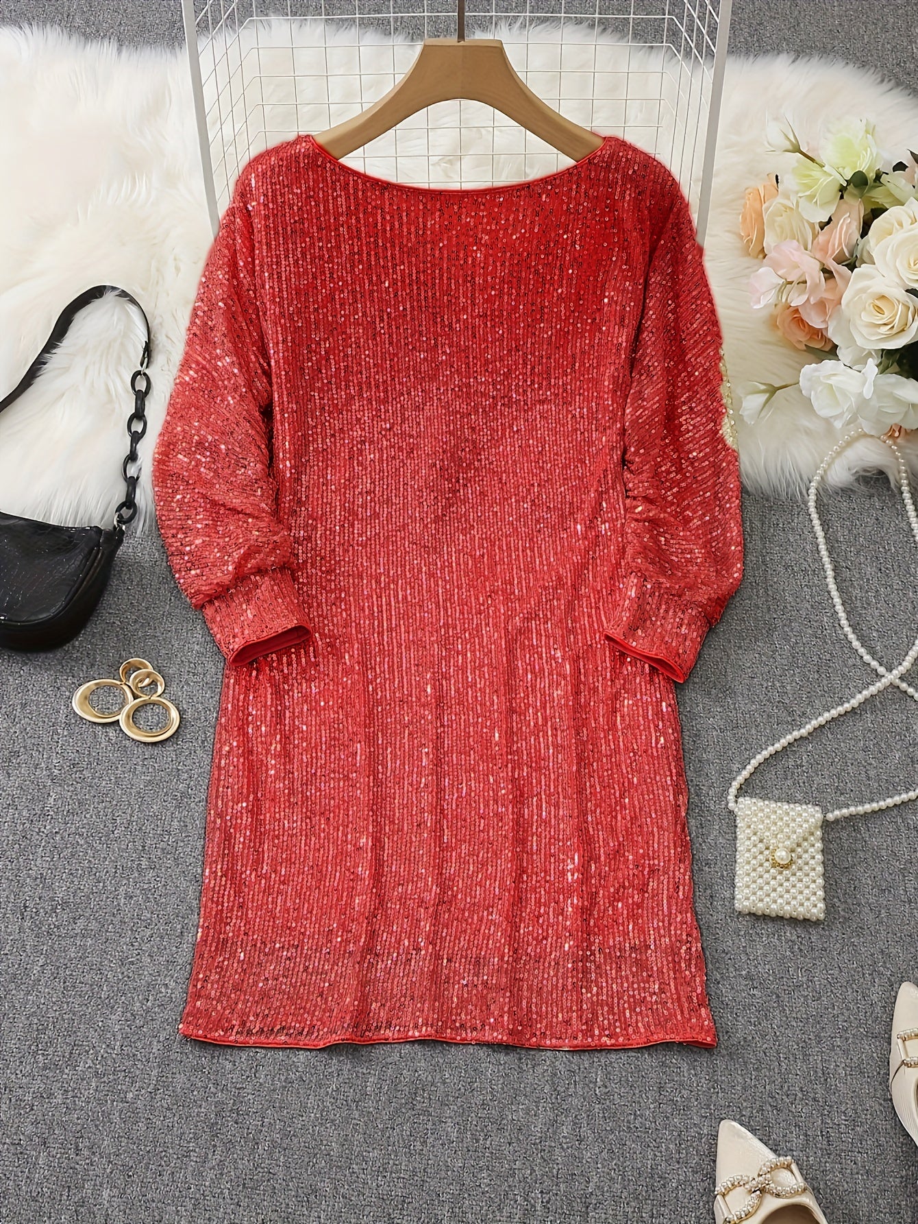 Vibrant Sequin Party Dress - Stylish V Neck, Long Sleeve, Solid Color, Women's Clothing for Glamorous Party Occasions and Special Events