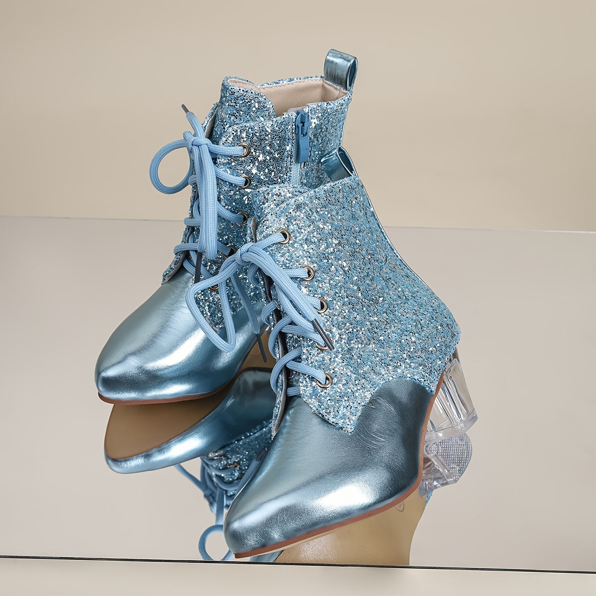 Botines con parches de lentejuelas para mujer, punta puntiaguda moderna, cierre de cremallera, tacón de bloque medio, forro de tela