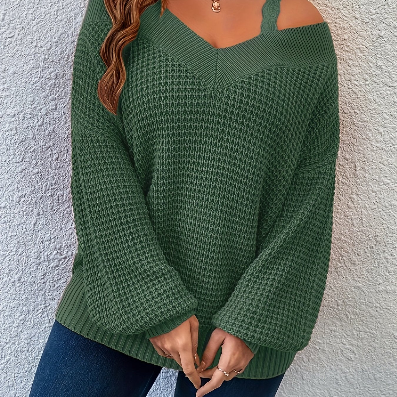 Plus Size Cold Shoulder Knitted Sweater, Elegant Long Sleeve Pullover Sweater